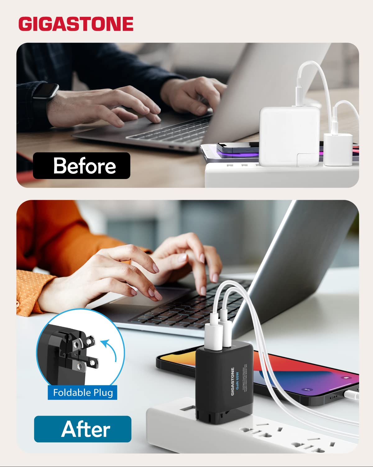 Gigastone 65W GaN Fast Charger [3 Pack] - Dual USB C & USB A Ports with PPS, Foldable Plug for Travel, Intelligent Power Allocation - Compatible with MacBook Air/Pro, Dell XPS, iPad, iPhone 16/15, Galaxy S24 - Perfect for Home, Office & Travel Charging