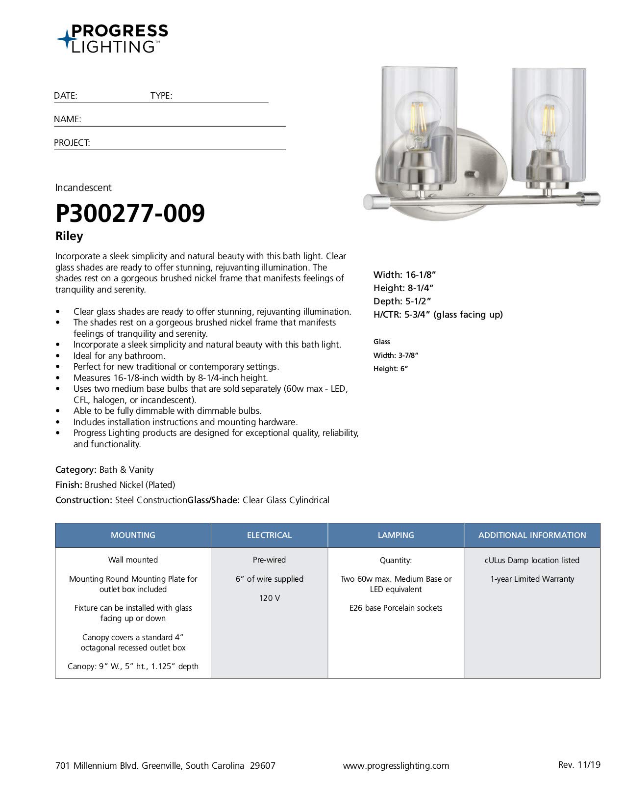 Progress Lighting Riley Collection 2-Light Clear Glass Modern Bathroom Vanity Light Fixture in Brushed Nickel - Perfect for Bathroom Mirror Lighting and Contemporary Home Decor