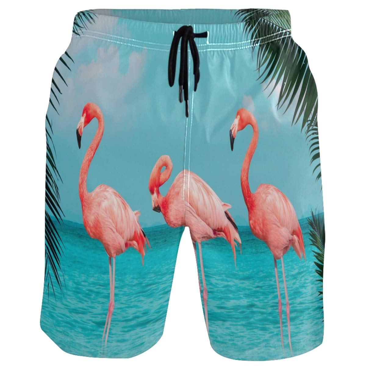 Visesunny Men's Quick-Dry Swim Trunks - Pink Flamingo & Blue Sea Print, Mesh Lining for Comfort, Perfect for Beach, Pool, Running & Water Sports