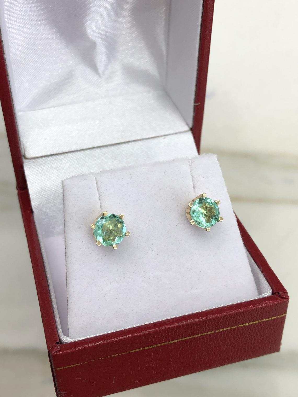1.56tcw Round Six Prong 14K Gold Solitaire Earrings with Rich Bright Transparent Green Emerald - Perfect for Weddings, Parties & Special Occasions