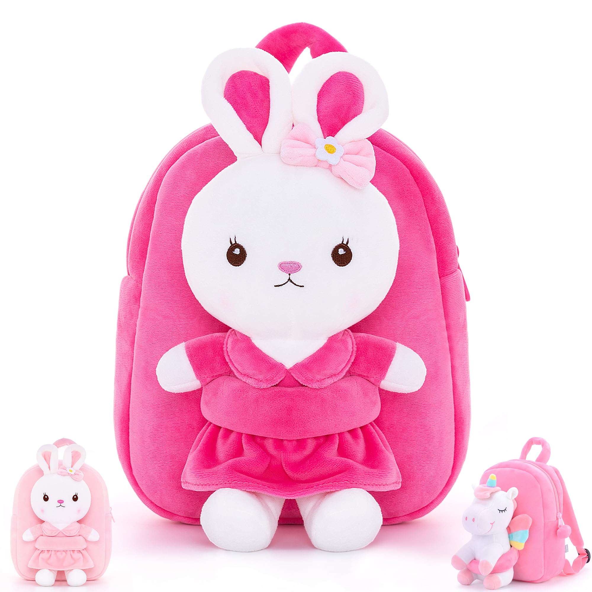 Cute Bunny Plush Toy Toddler Backpack for Girls - Rose Red 9 Inch Kids School Bag with Stuffed Animal, Perfect for Preschool, Daycare & Travel Accessories