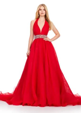 ASHLEYlauren 11546 Elegant Organza Ball Gown with Beaded Belt - Perfect for Prom, Wedding, and Formal Events