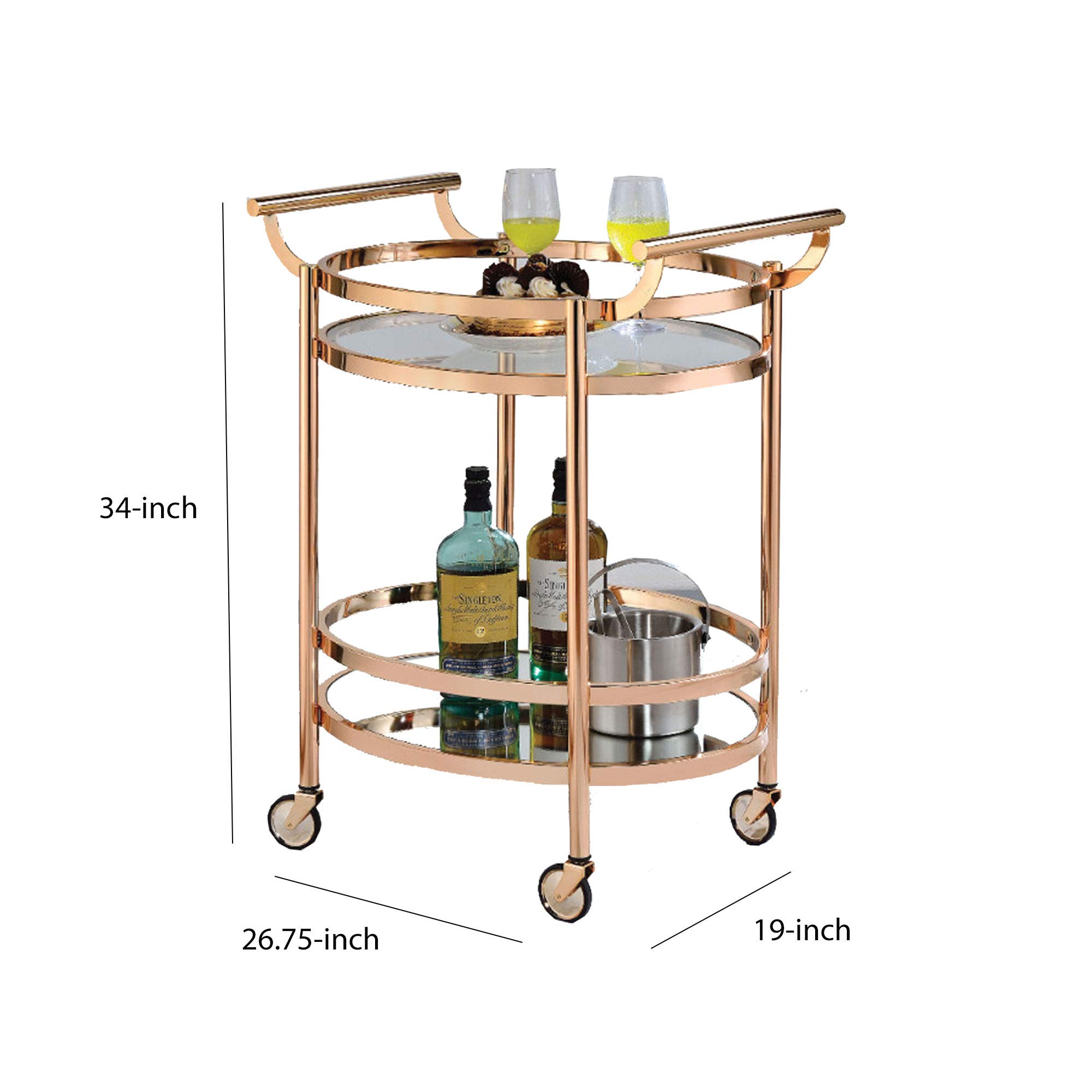 Benzara Clear Glass & Copper Serving Cart - Elegant Mobile Bar Cart for Home, Kitchen, or Party Use