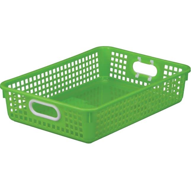 Plastic Desktop Paper Storage Baskets - 14”x10” Mesh Organizer for Classroom, Office & Home Use - Green Neon Basket with White Handles (1-Pack) | Keep Documents Secure & Wrinkle-Free | Perfect for Teachers, Students & Home Organization