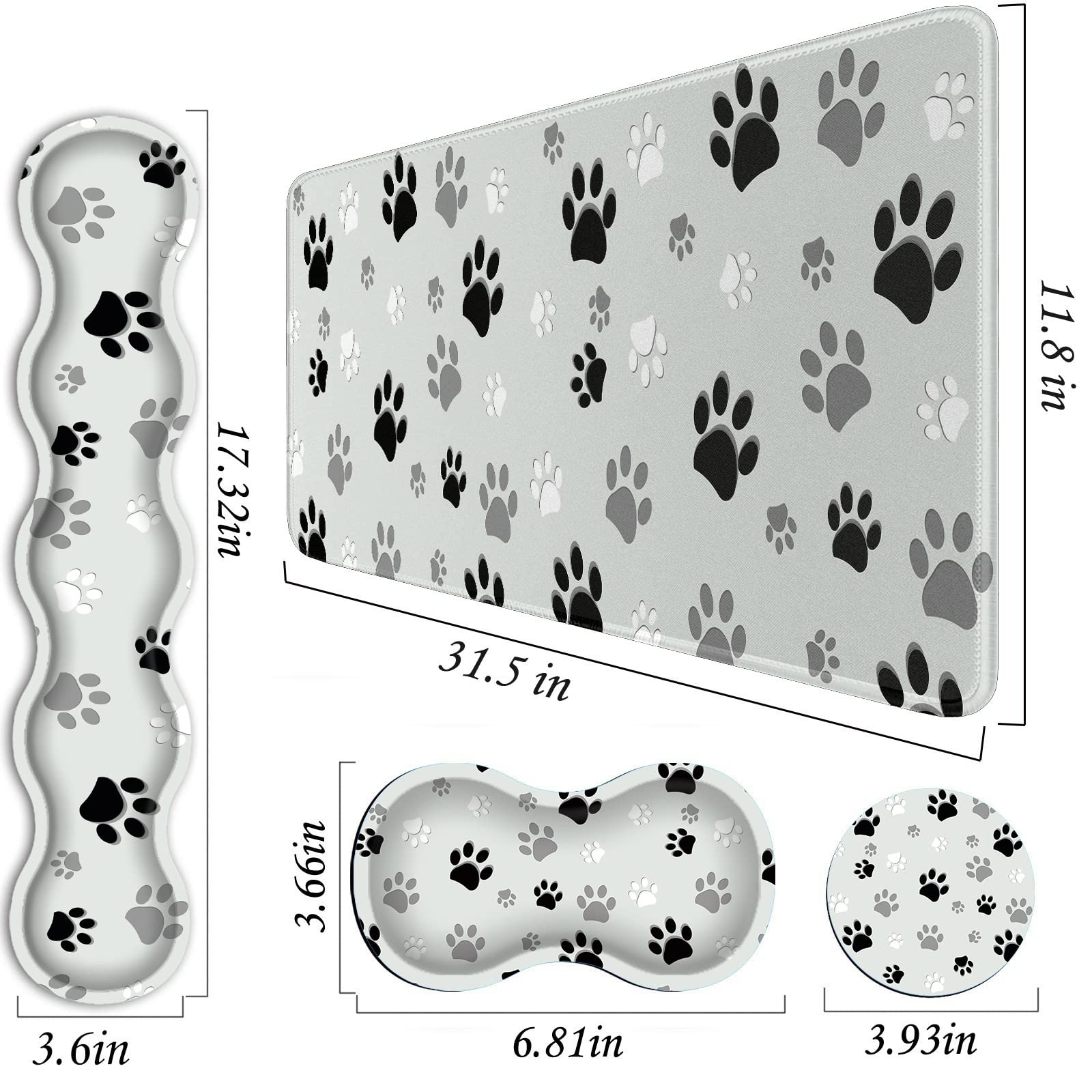 Large Mouse Pad Set (31.5×11.8 in) with Keyboard Wrist Rest, Mouse Wrist Support & Coaster - Non-Slip Desk Mat for Office, Home, Computer & Laptop - Cute Paw Print Design for Comfortable Gaming & Work
