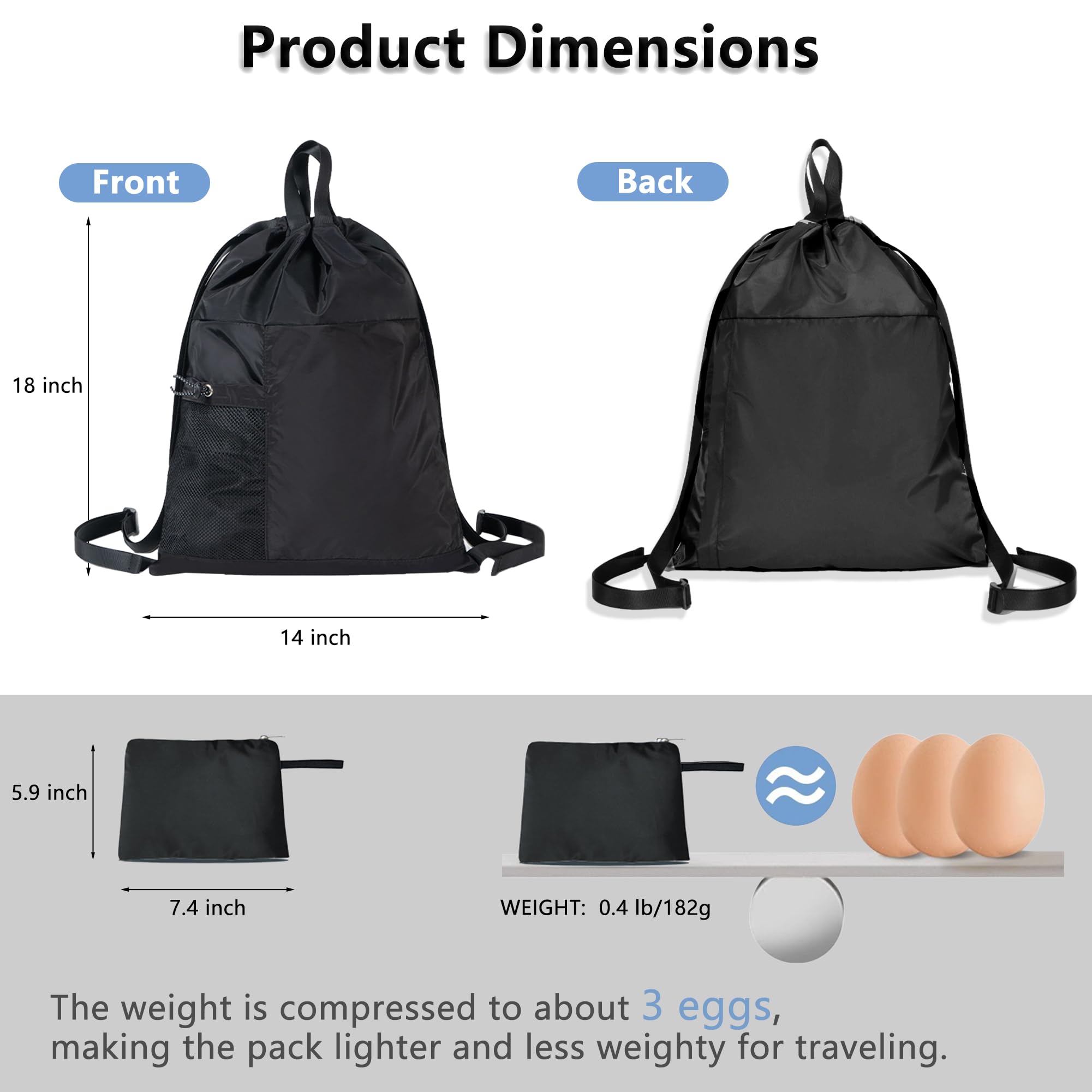 Foldable Travel Backpack - 14L Lightweight Waterproof Drawstring Gym Bag for Hiking, Swimming & Sports with Zipper Pockets & Mesh Bottle Holder - Perfect for Outdoor Adventures, Gym Workouts & Daily Commute (Black)