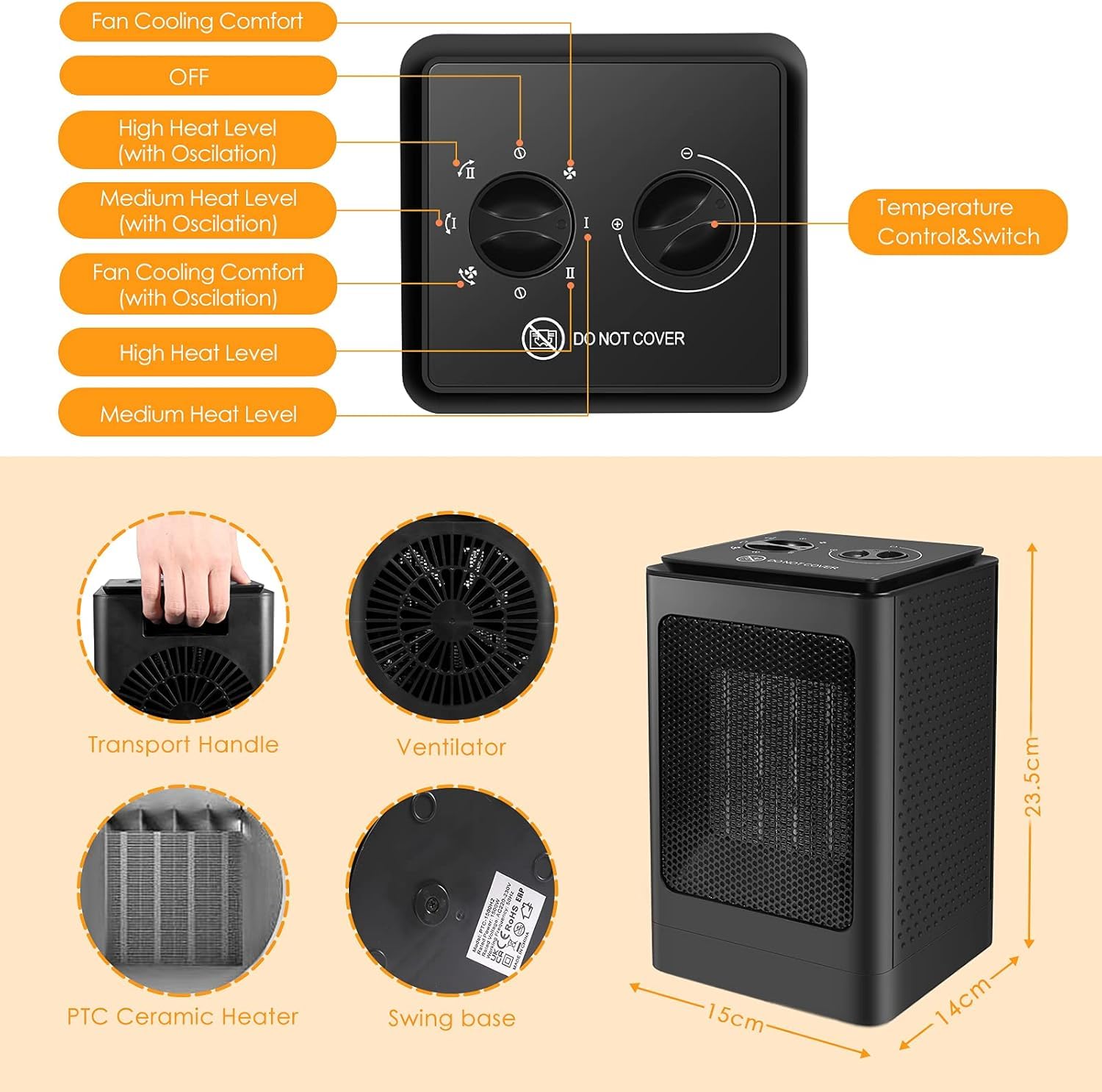 Portable PTC Space Heater with Fan - 750W/1500W Low Energy Silent Electric Heater for Home, Office & Dorm - Overheat & Tip-Over Protection, 6 Adjustable Modes & Thermostat - Perfect for Winter Warmth & Small Room Heating