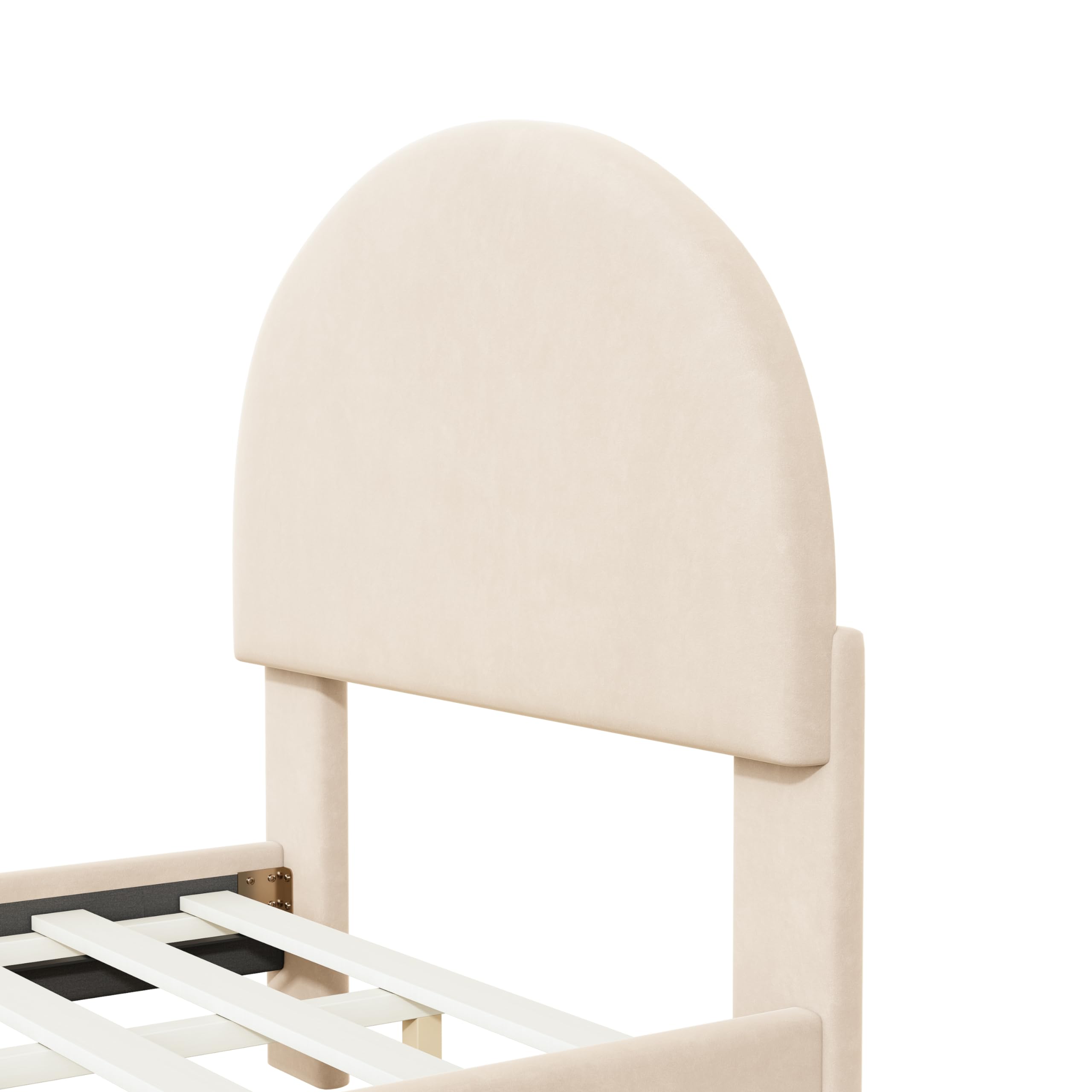 P PURLOVE Twin Upholstered Platform Bed - Modern Velvet Bed Frame with Semi-Circle Headboard & Metal Legs, Sturdy Wood Support for Boys, Girls & Teens (Beige) - Perfect for Bedrooms, Dorms & Guest Rooms