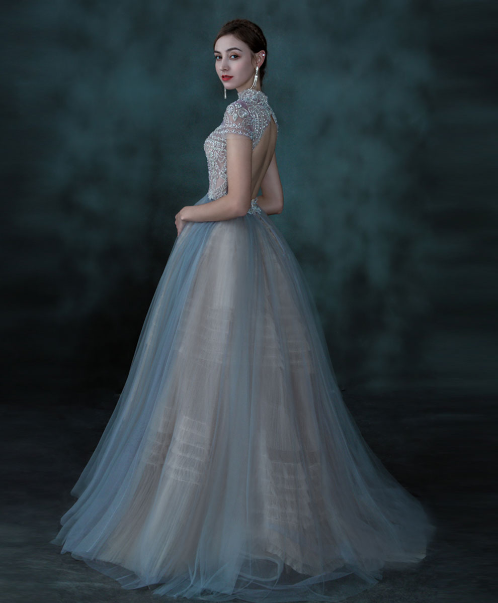 Elegant Blue Tulle Sequin Beaded Long Prom Dress - A-Line Evening Gown for Formal Events, Dances & Special Occasions