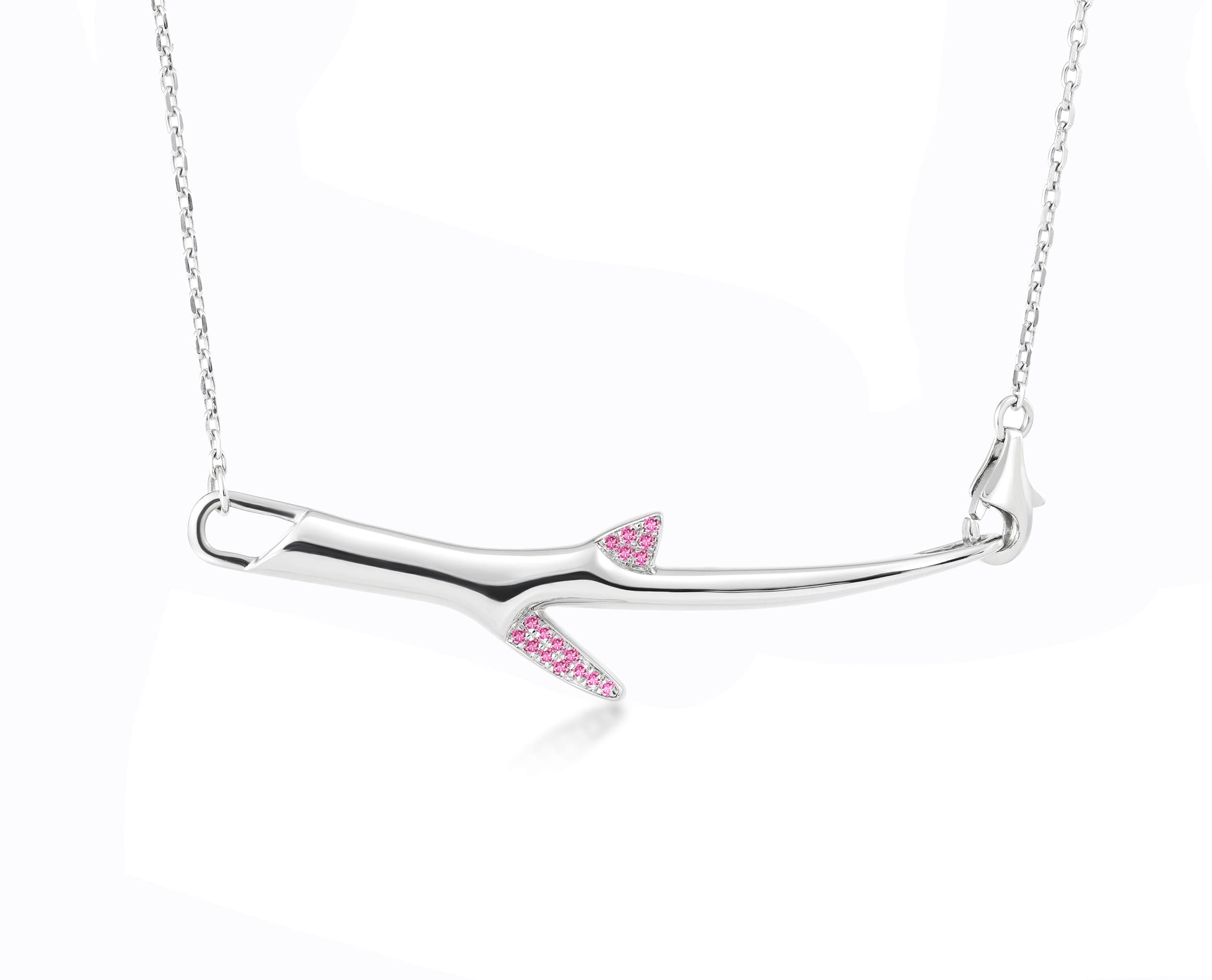 Pink Sapphire Vertical Bar Necklace - Flower Horizontal Silver Tree Pendant - Raw Rose Quartz Floral Sakura Thorn Jewelry for Women, Elegant Gift for Valentine's Day, Anniversary & Special Occasions