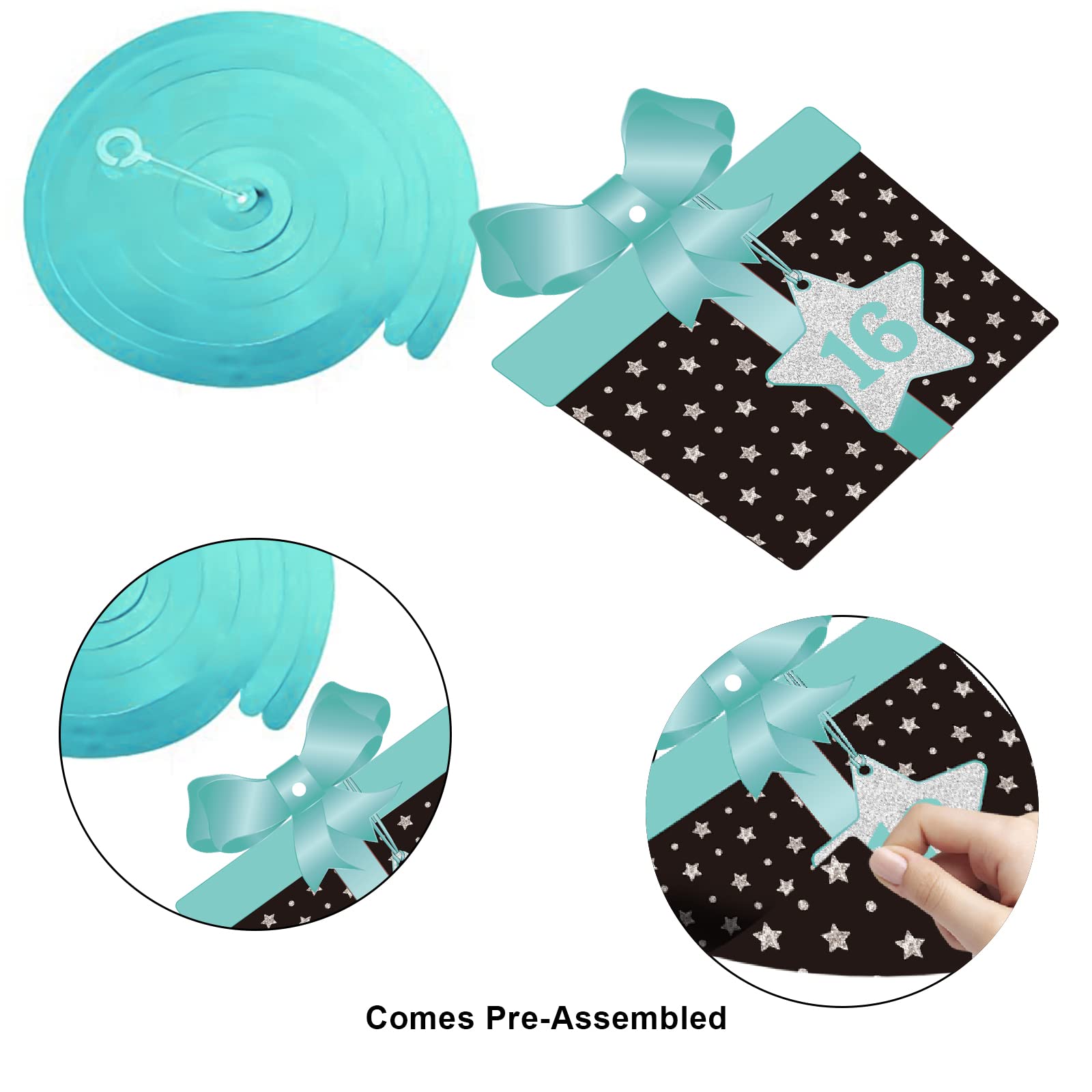 Sweet 16 Birthday Party Ceiling Decorations - 16th Birthday Hanging Swirls & Streamers in Teal, Silver, Black & Blue | Foil Cutout Decor for Teen Girl Celebration & Room Decor