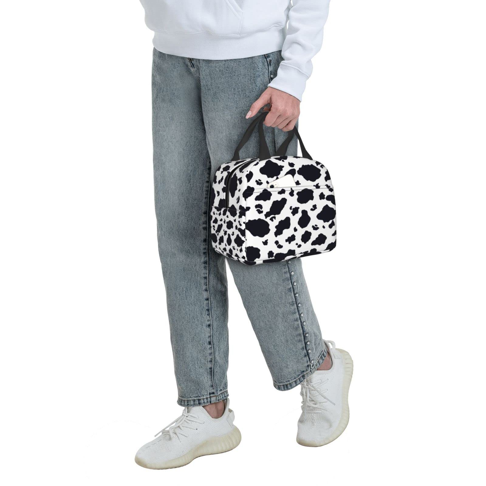 Black and White Cow Print Insulated Lunch Bag - Reusable Tote for Office, Camping, Travel, Picnic, Beach & Fishing - Portable Cooler for Adults (Great for Work, School, Outdoor Adventures & Daily Commute)