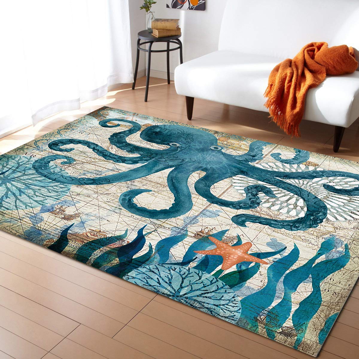 FunkyHome 3x5ft Watercolor Octopus Kraken Area Rug - Non-Slip Indoor/Outdoor Carpet for Living Room, Bedroom, Nursery - Ocean Animal Decor Rug for Home & Beach House Style