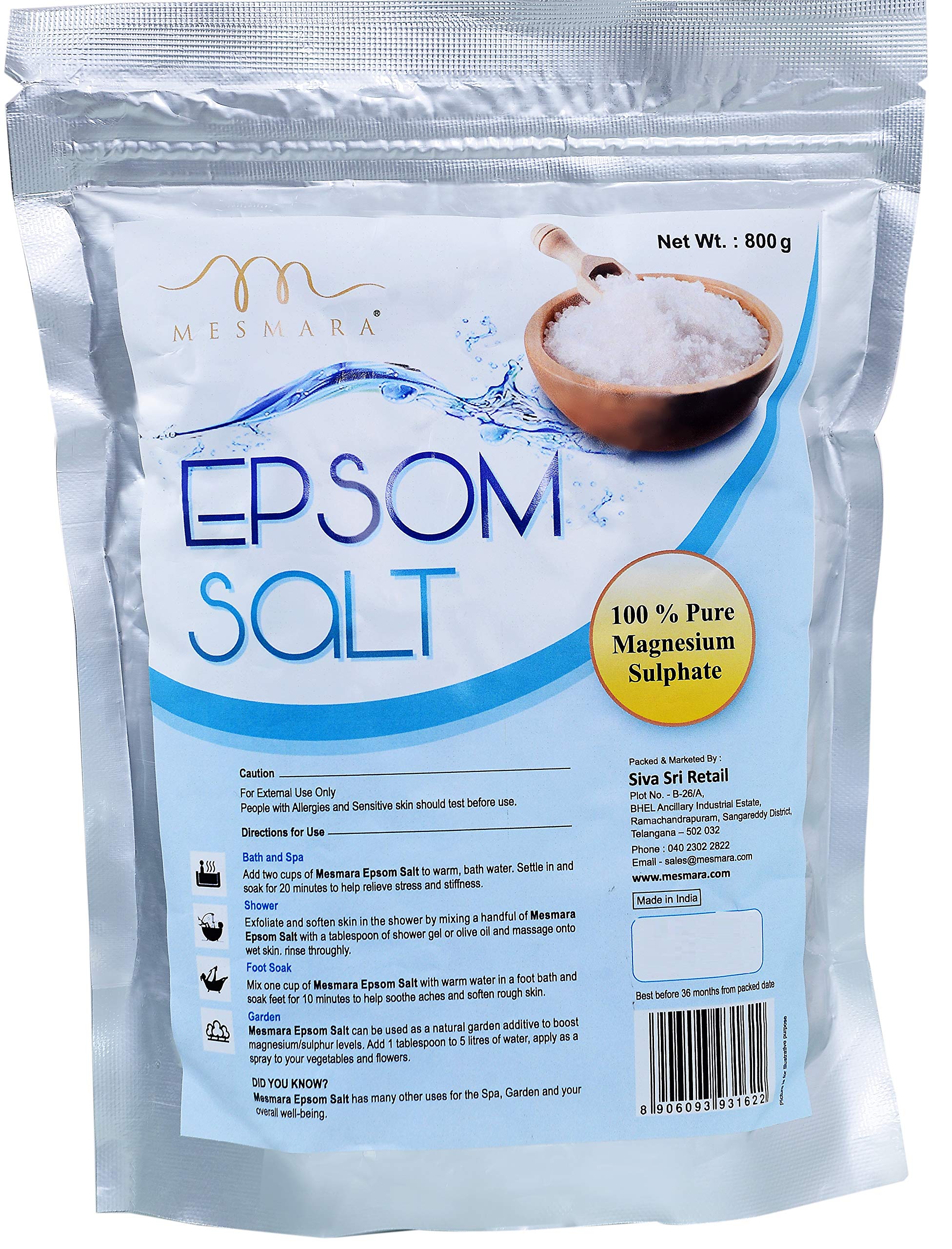 Mesmara Epsom Salt 800g (Magnesium Sulfate) - Muscle Relaxation & Pain Relief, Promotes Plant Growth | Perfect for Bath Soaks, Gardening & Home Spa Treatments