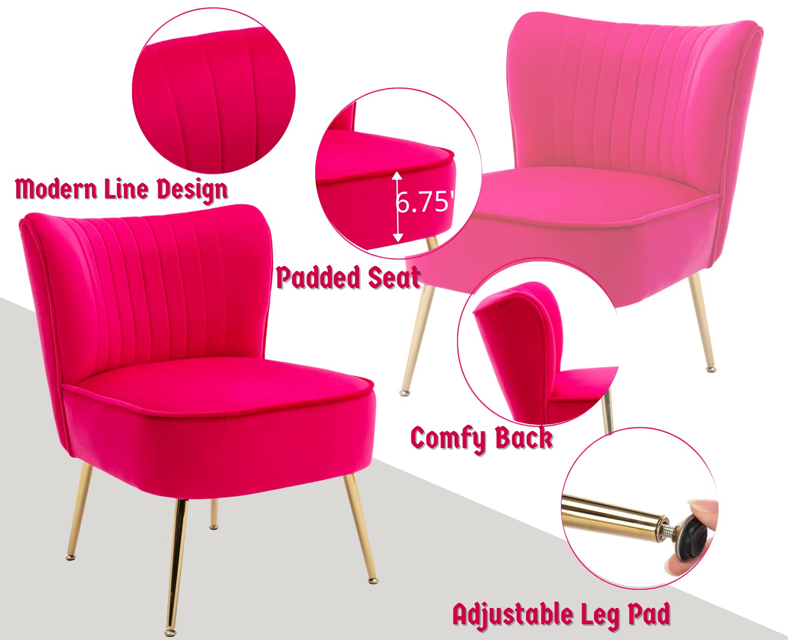 CIMOTA Velvet Accent Chairs Set of 2 - Modern Armless Slipper Chairs with Golden Legs for Living Room, Bedroom, Office - Rose Red Wingback Lounge Chairs for Reading Nook, Cozy Corner & Home Decor