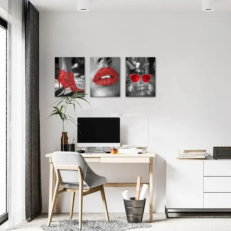 3PCS Red Lips Fashion High Heels Metal Print Wall Art - Ready to Hang Home Decor for Living Room, Bedroom & Office