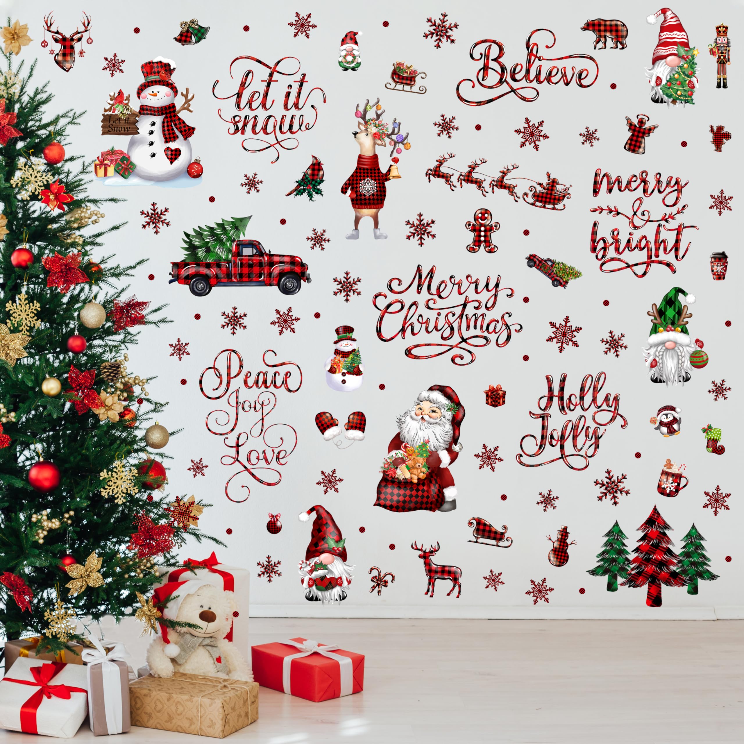 12 Sheets Buffalo Plaid Christmas Wall Stickers - Holiday Tree & Snowflake Vinyl Decals for Living Room, Bedroom, Home Office - Perfect for Winter Decor & Festive Home Styling