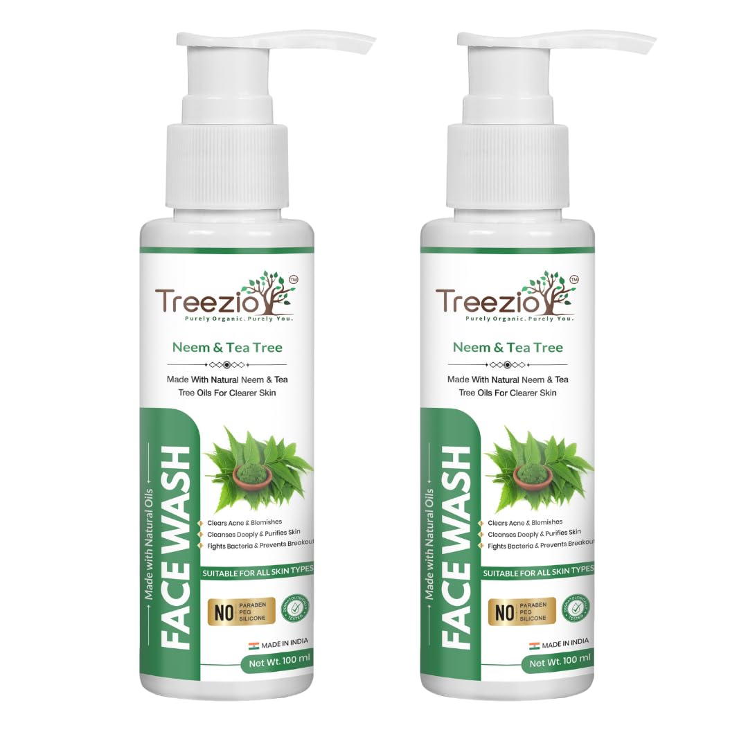 TREEZIO - Neem & Tea Tree Face Wash for Acne & Pimples - Deep Cleansing & Purifying Facial Cleanser - Paraben Free, Silicone Free - Suitable for Men & Women - Pack of 2 (100 ml Each) - Perfect for Daily Skincare Routine & Travel