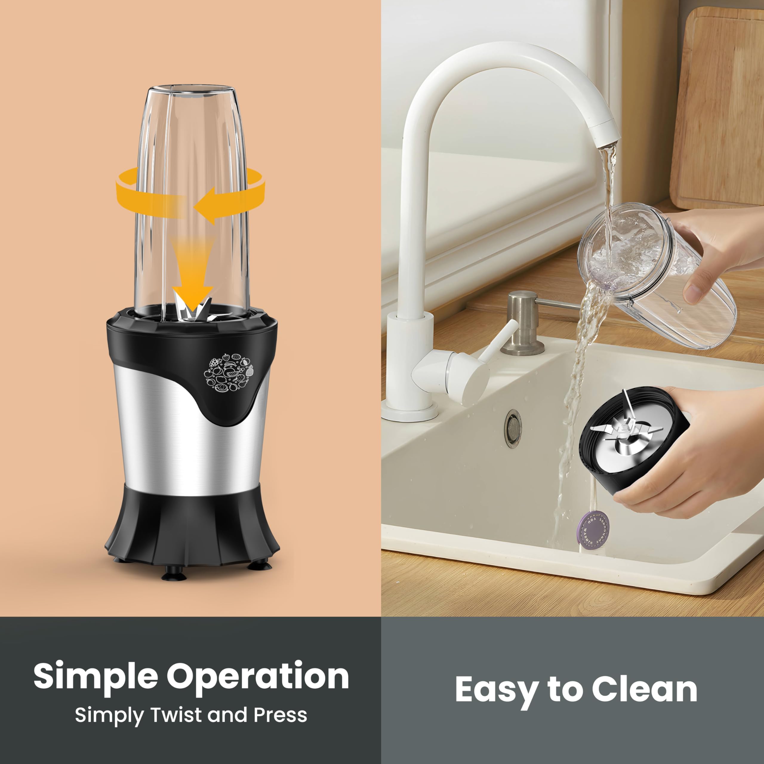 Suavo 1100W Portable Personal Blender for Smoothies, Protein Shakes & Coffee - Includes 2x22Oz Travel Cups, Lids, Coffee Grinder & 10Oz BPA-Free Cup - Perfect for Home, Gym, Office & Travel