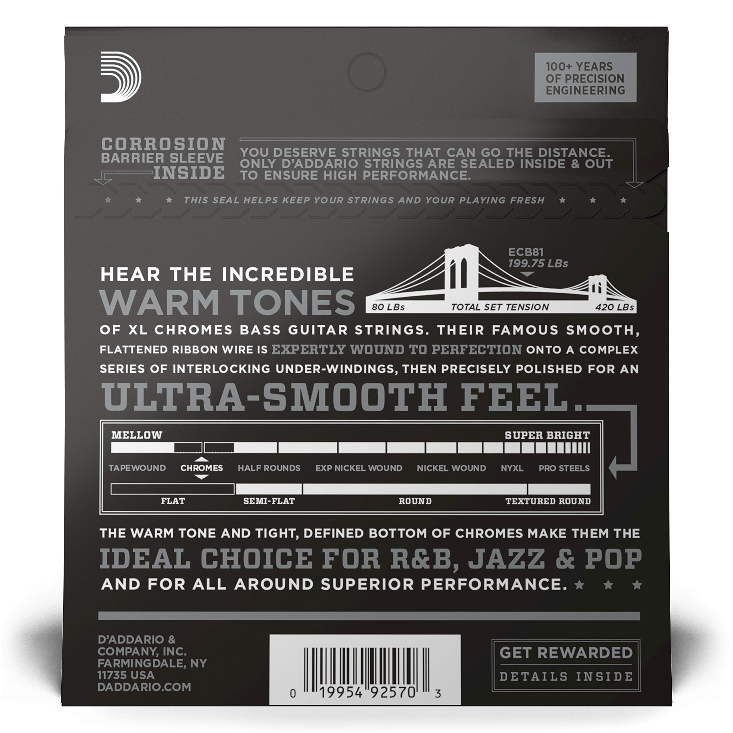 D'Addario XL Chromes Flat Wound Bass Guitar Strings - ECB81 - Long Scale - Regular Light (45-100 Gauge) | Smooth Jazz & Blues Tone | Perfect for Recording & Live Performances