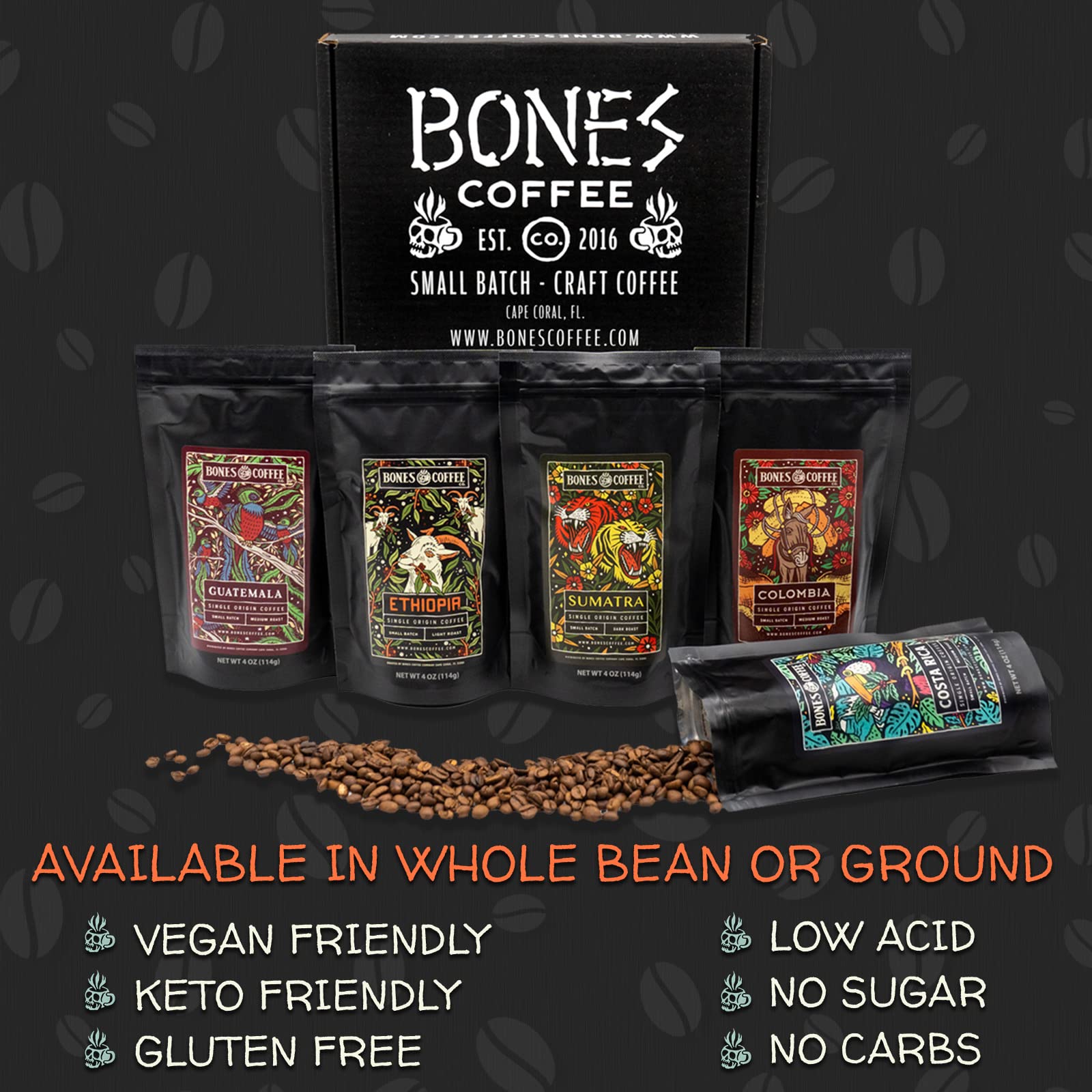 Bones Coffee Company World Tour Sample Pack Gift Set - Medium Roast Whole Bean Coffee, Low Acid Flavored Coffee Beans (4 oz, Pack of 5) | Perfect for Coffee Lovers, Office Gifts & Home Brewing