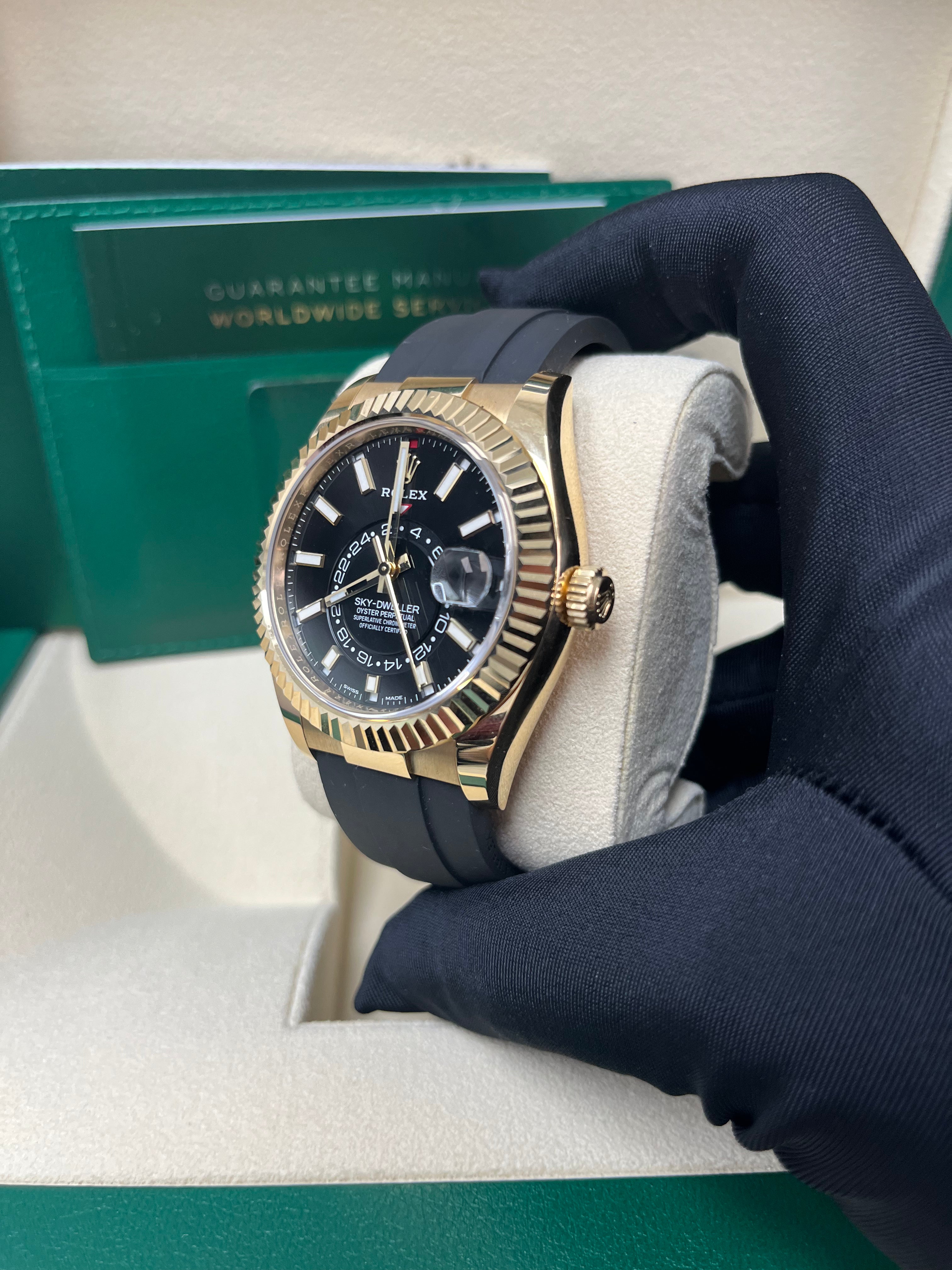 Rolex Sky-Dweller 18K Yellow Gold Watch with Black Index Dial & Oysterflex Bracelet (Ref# 326238) - Luxury Timepiece for Business Travelers & Watch Collectors