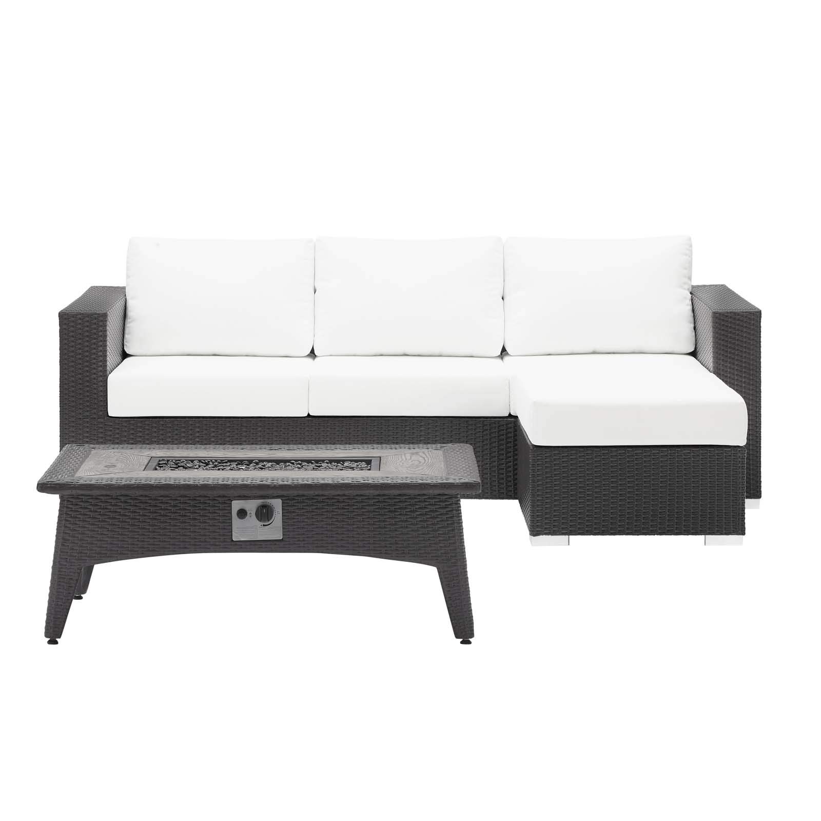 Modern Outdoor Patio Lounge Sofa Set with Chair, Coffee Table & Fire Pit - White Fabric Rattan Wicker Furniture for Cozy Backyard Gatherings
