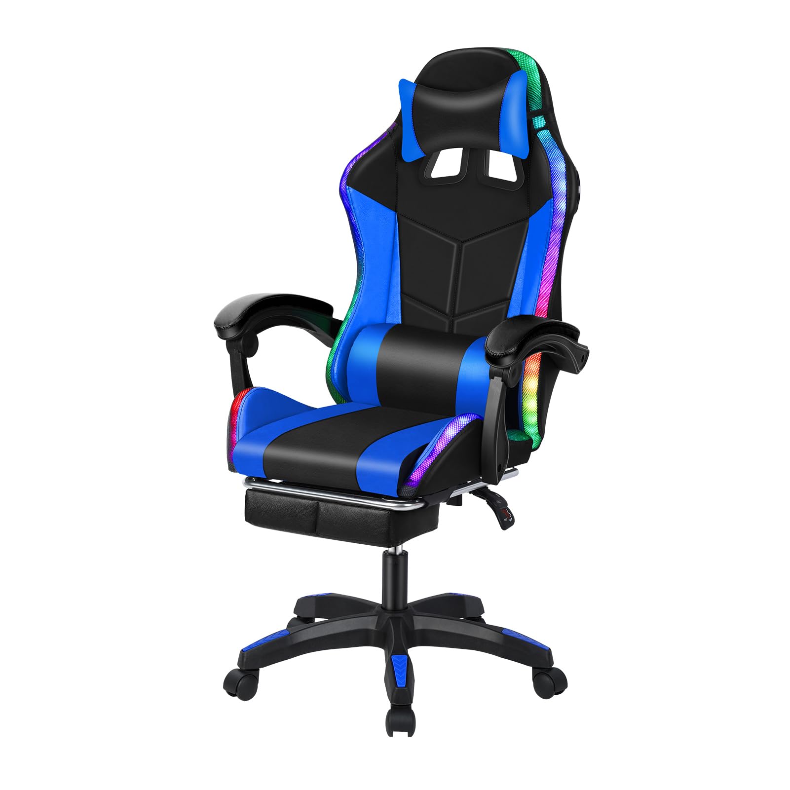 Premium Ergonomic Gaming Chair with Built-in Speakers & RGB LED Lights - Adjustable Height, Lumbar Support - Black & Blue - Perfect for PC Gaming, Streaming & Home Office Setup