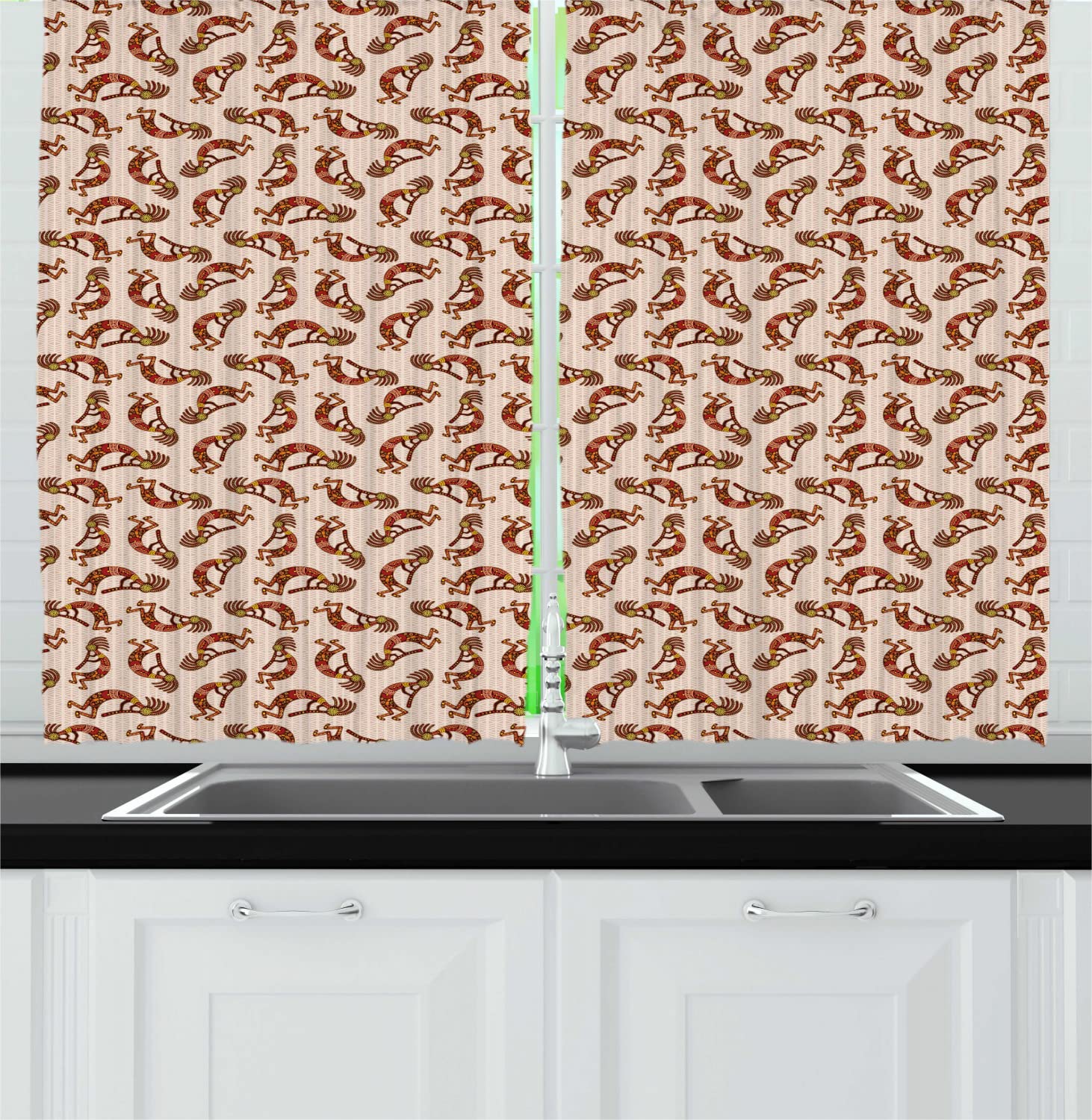 Ambesonne Ethnic Kitchen Curtains - Warm Colored Bohemian Style Window Drapes with Herringbone Pattern, 2 Panel Set (55