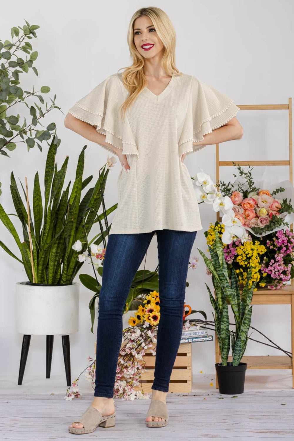 Celeste Women's V-Neck Lace Trim Flutter Sleeve Blouse - Elegant Flowy Top for Casual Wear, Date Night & Office Outfits