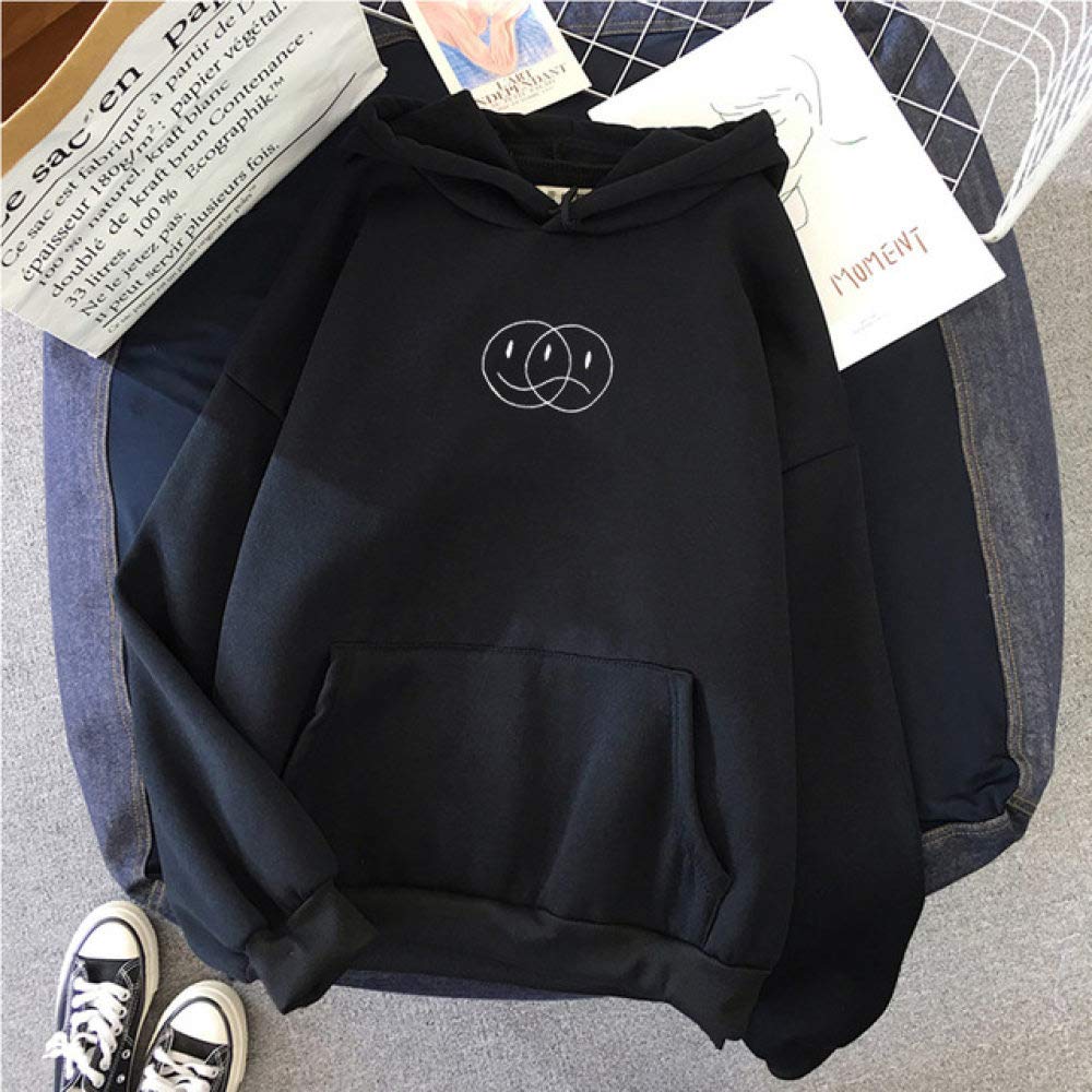 ZPDHY Men's & Women's Streetwear Hoodie - Casual Pullover Hip Hop Sweatshirt with Smile & Sad Face Line Print | Long Sleeve Sportswear Top | Black | Perfect for Urban Fashion, Street Style & Casual Wear