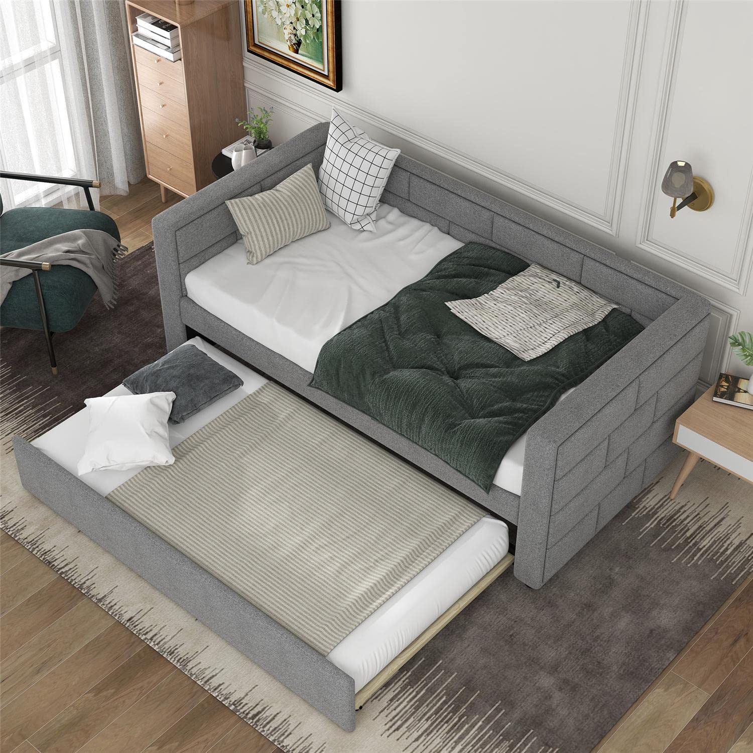 JINS&VICO Twin Size Upholstered Daybed with Trundle - Gray Padded Back Sofa Bed for Small Spaces, Guest Room & Dormitory Use
