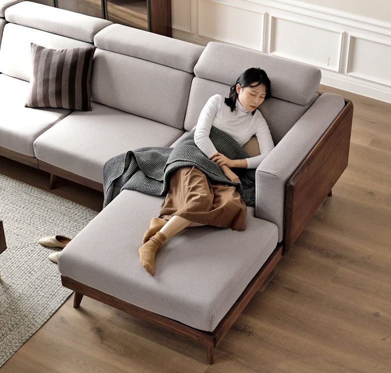 Premium Black Walnut & Ash Solid Wood Adjustable Headrest Sofa - Modern Living Room Furniture for Relaxation & Comfort