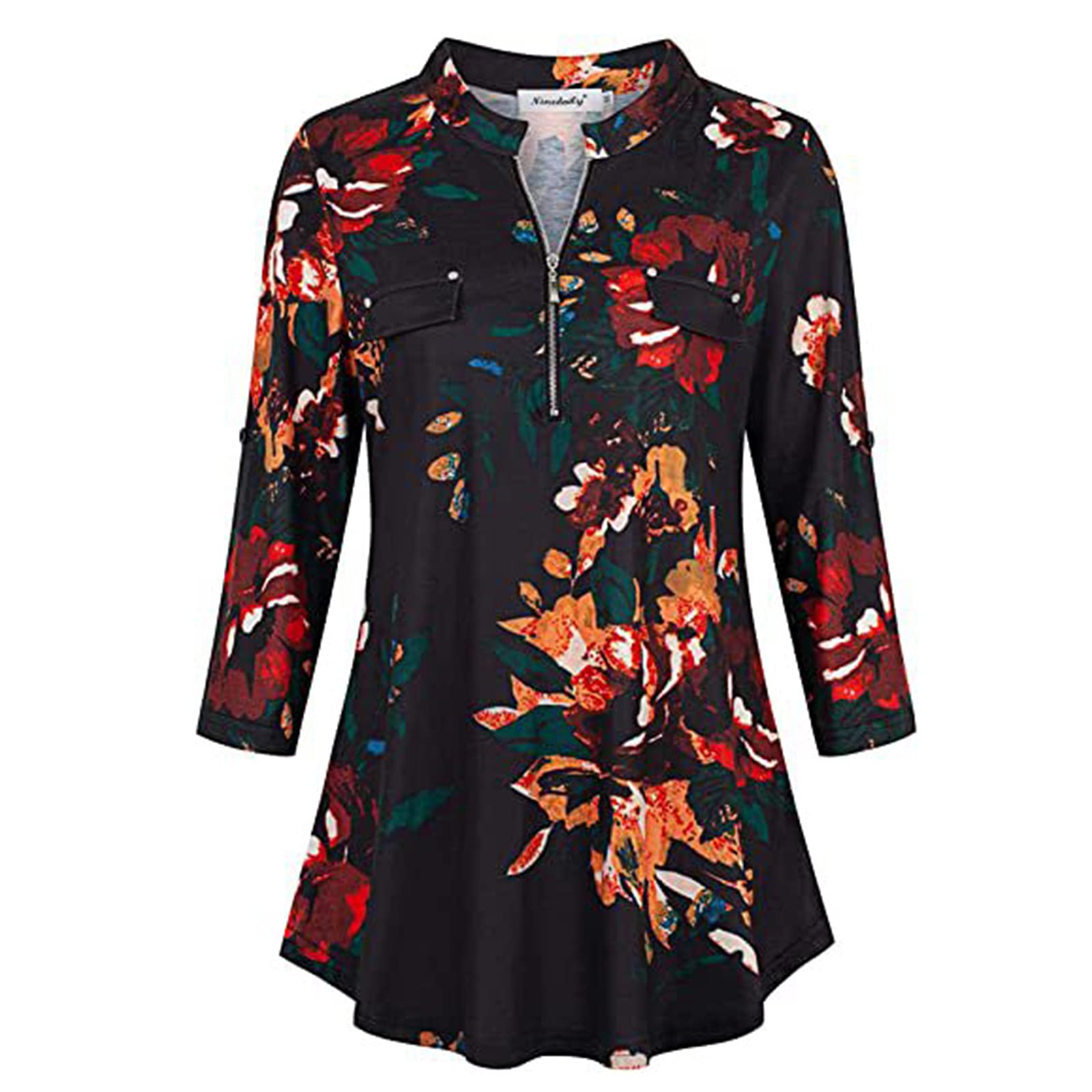 Women's Sexy Casual Half Sleeve Floral Print Zipper Shirt - Stand Collar Graphic Tee for Everyday Wear, Date Night & Spring Outfits