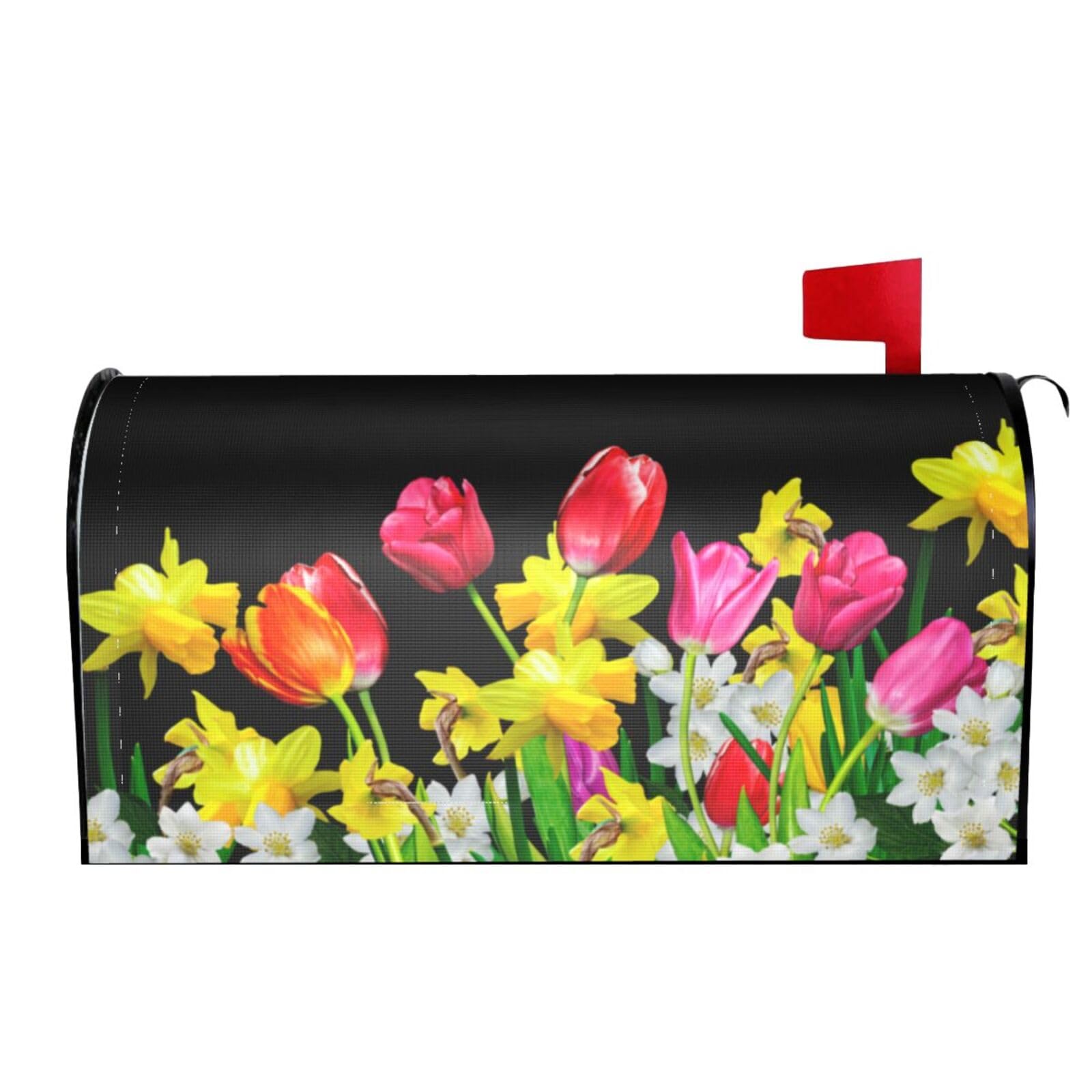 Waterproof Magnetic Mailbox Cover with Tulips Daffodils Daisy Floral Design - 21x18 Inch Spring Summer Decorative Mail Wrap for Outdoor Garden & Front Yard Decor