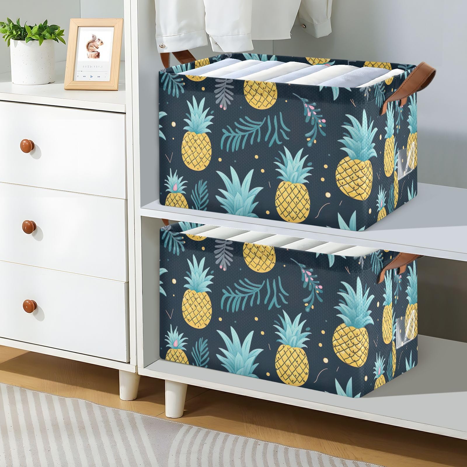 Foldable Storage Bins with Handles - 2 Pack Pineapple Tropical Design Collapsible Shelves & Baskets (16.9