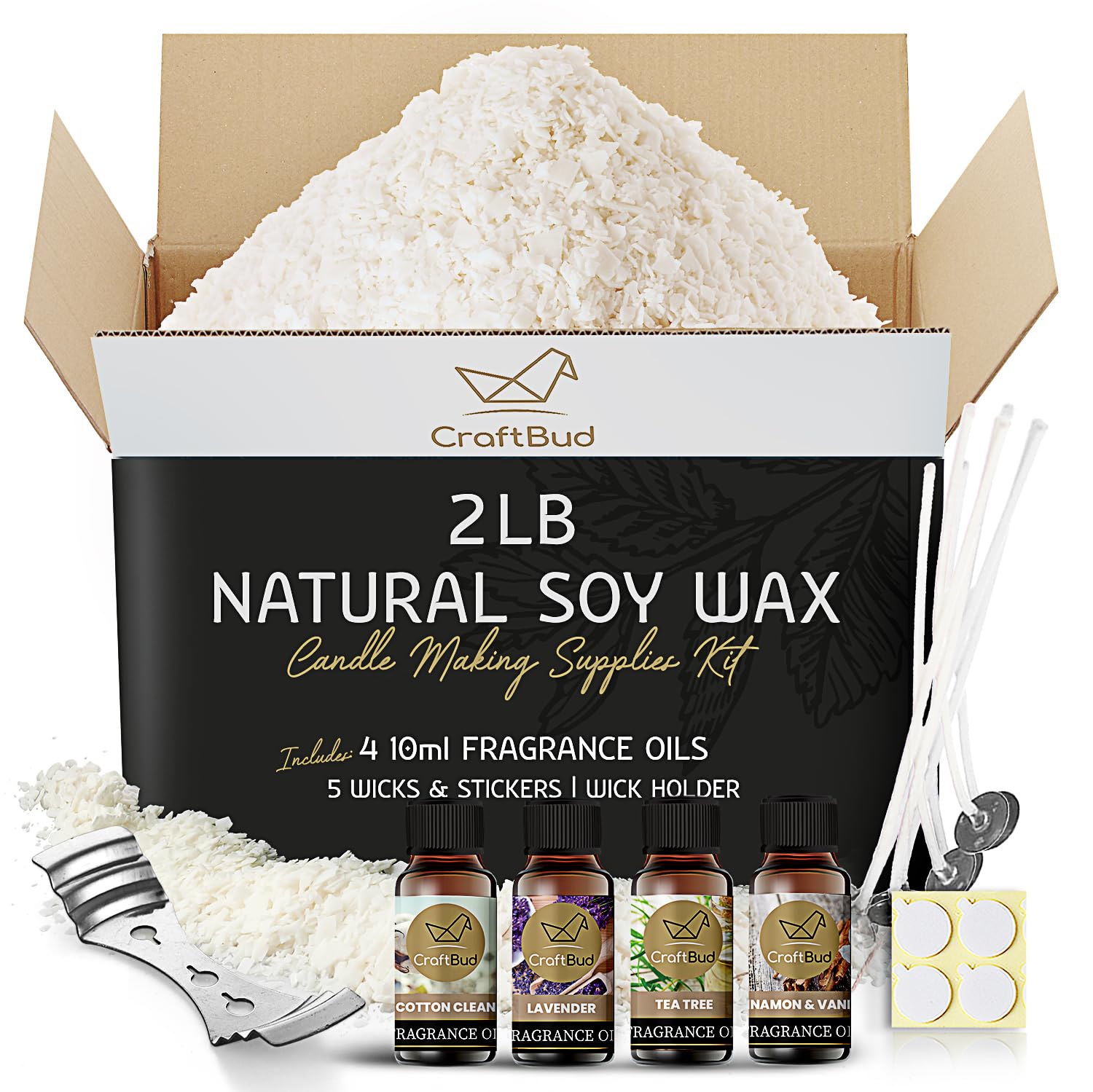 Premium Soy Wax for Candle Making - 2 lb Natural Soy Wax Flakes with 5 Wicks, 4 Stickers & Metal Centering Tool | DIY Home Candles, Gifts, Aromatherapy & Relaxation