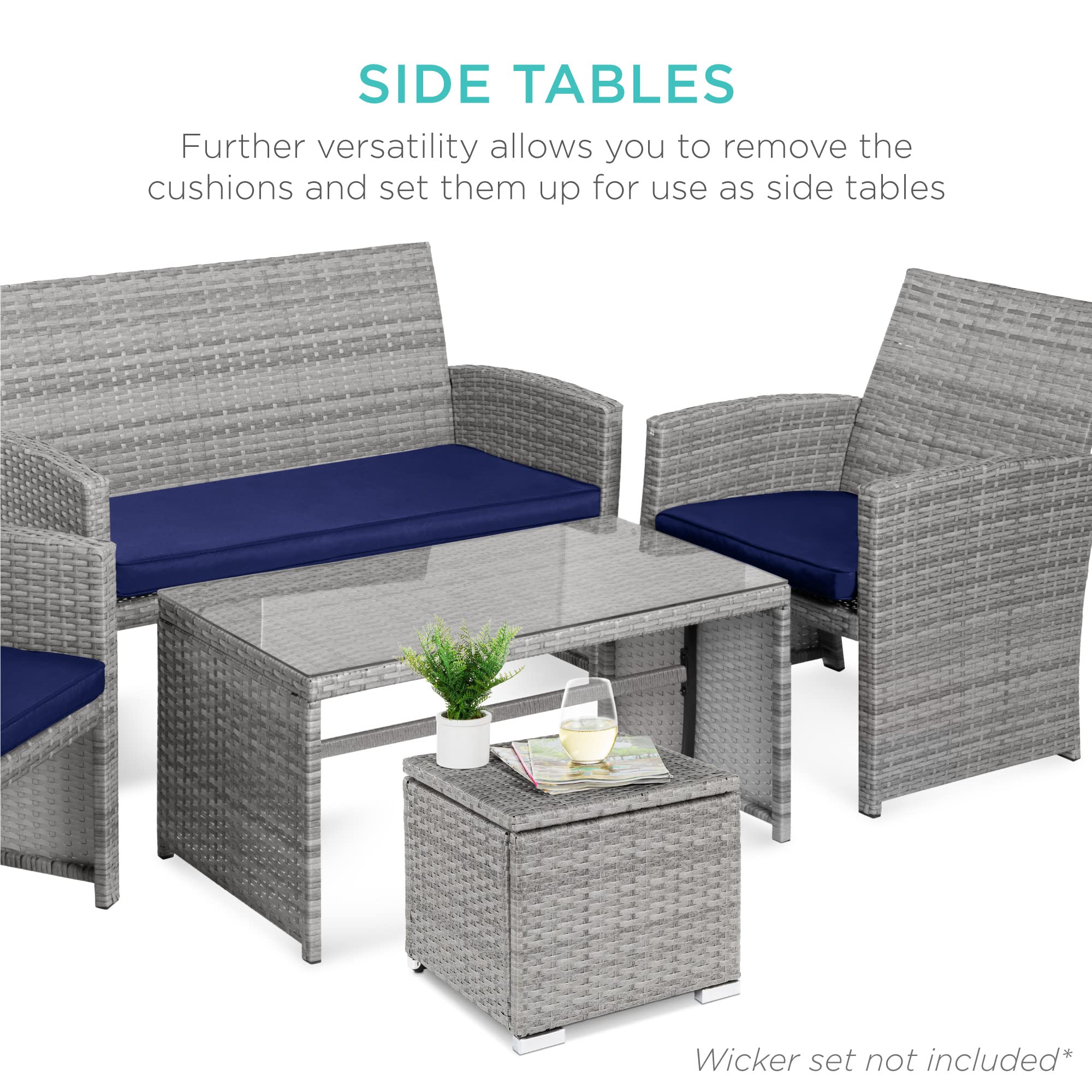 Best Choice Products Set of 2 Wicker Storage Ottomans - Gray/Navy, Multipurpose Outdoor Furniture for Patio, Backyard, Garden | Extra Seating, Footrest, Side Table with Removable Cushions | Perfect for Outdoor Relaxation, Entertaining Guests & Small Space Storage