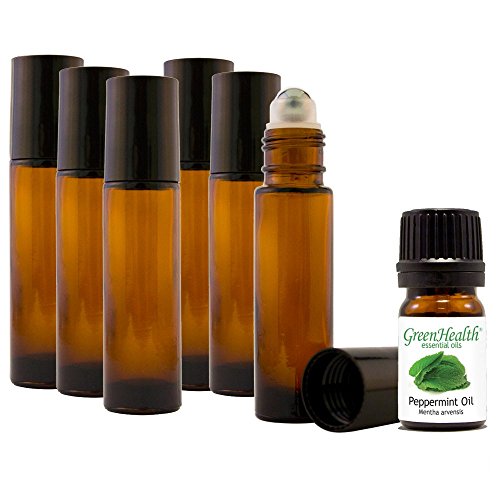 10ml Glass Roll On Bottles with Stainless Steel Roller - Pack of 6 | 5ml Greenhealth Peppermint Essential Oil in Amber Bottle | Perfect for DIY Aromatherapy, Essential Oil Blending & Travel Size Skincare