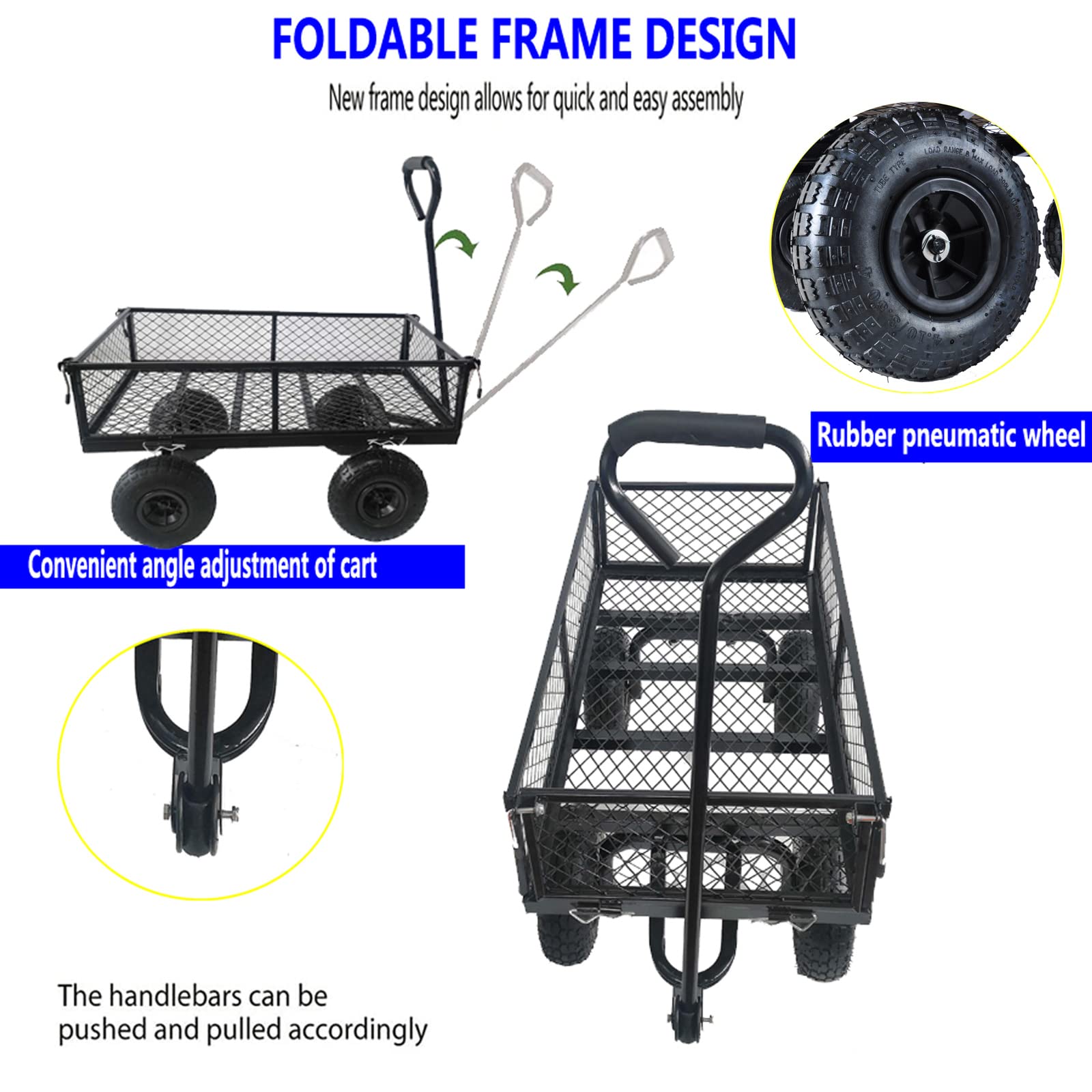 Heavy Duty Utility Garden Wagon Cart with Removable Sides - 560 Lbs Capacity, 10