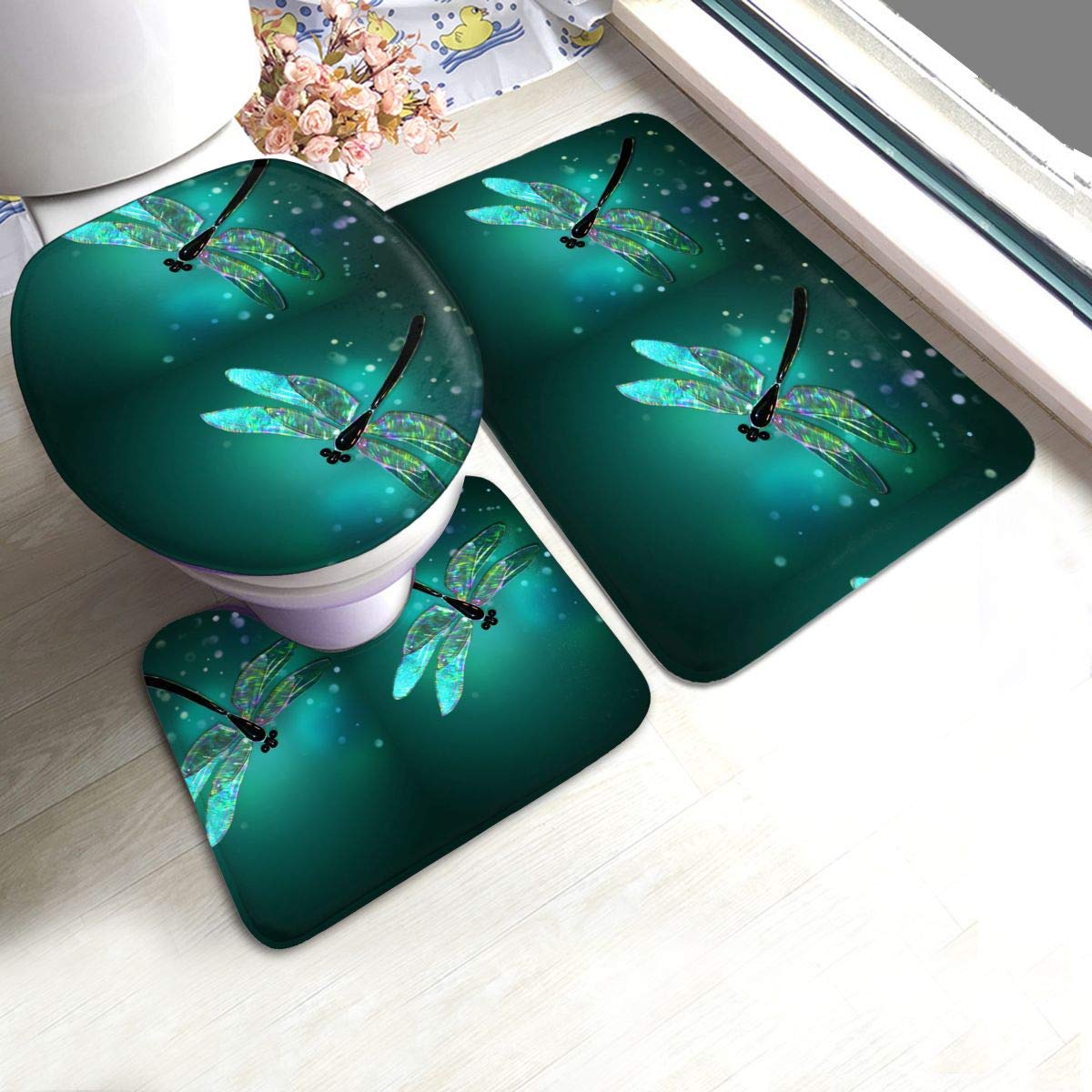Dragonfly 3-Piece Non-Slip Absorbent Bath Rug Set - 24x36 Inch Washable Soft Bathroom Mats for Shower, Tub & Floor - Perfect for Bathroom Decor & Safety