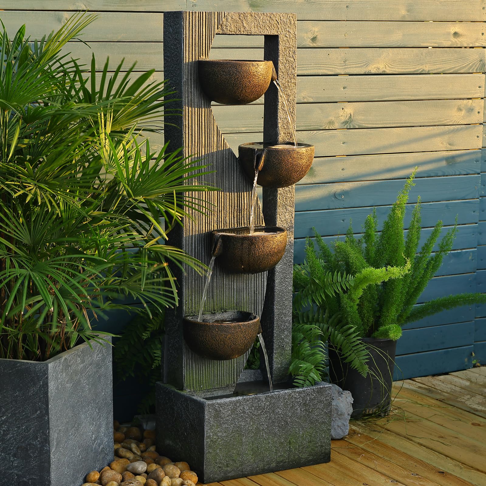 5-Tier Outdoor Water Fountain with LED Lights & Natural Stones - 49.2