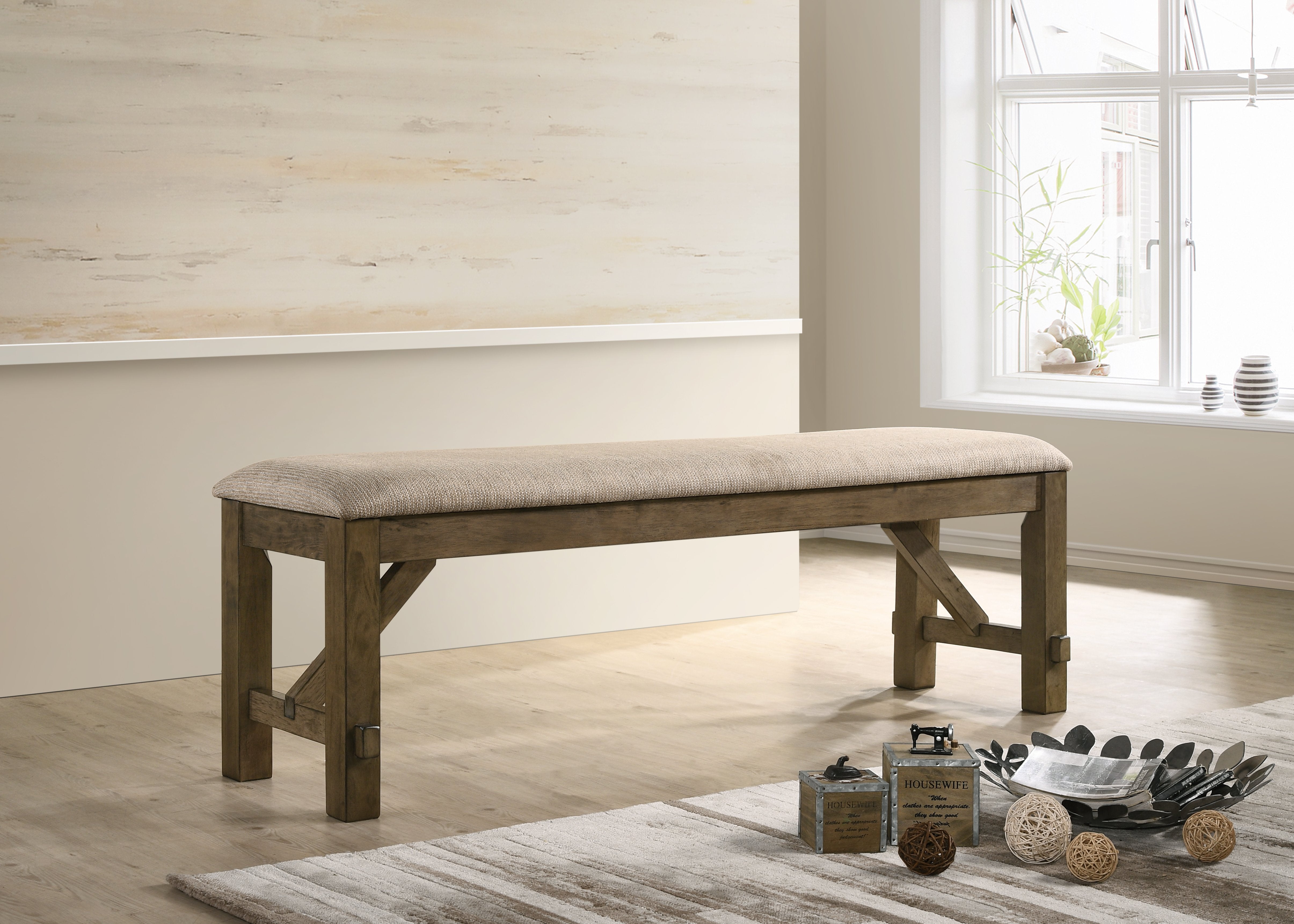 Roundhill Furniture Raven Wood Fabric Upholstered Dining Bench - Stylish & Comfortable Kitchen Seating for Dining Room, Breakfast Nook & Entryway