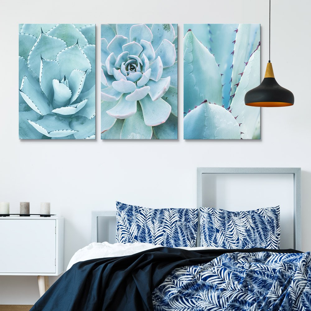 Blue Succulent Plants 3-Panel Canvas Wall Art - 16x24 Inch Giclee Print Modern Home Decor - Ready to Hang Gallery Wrapped Triptych - Perfect for Living Room, Bedroom & Office Decor
