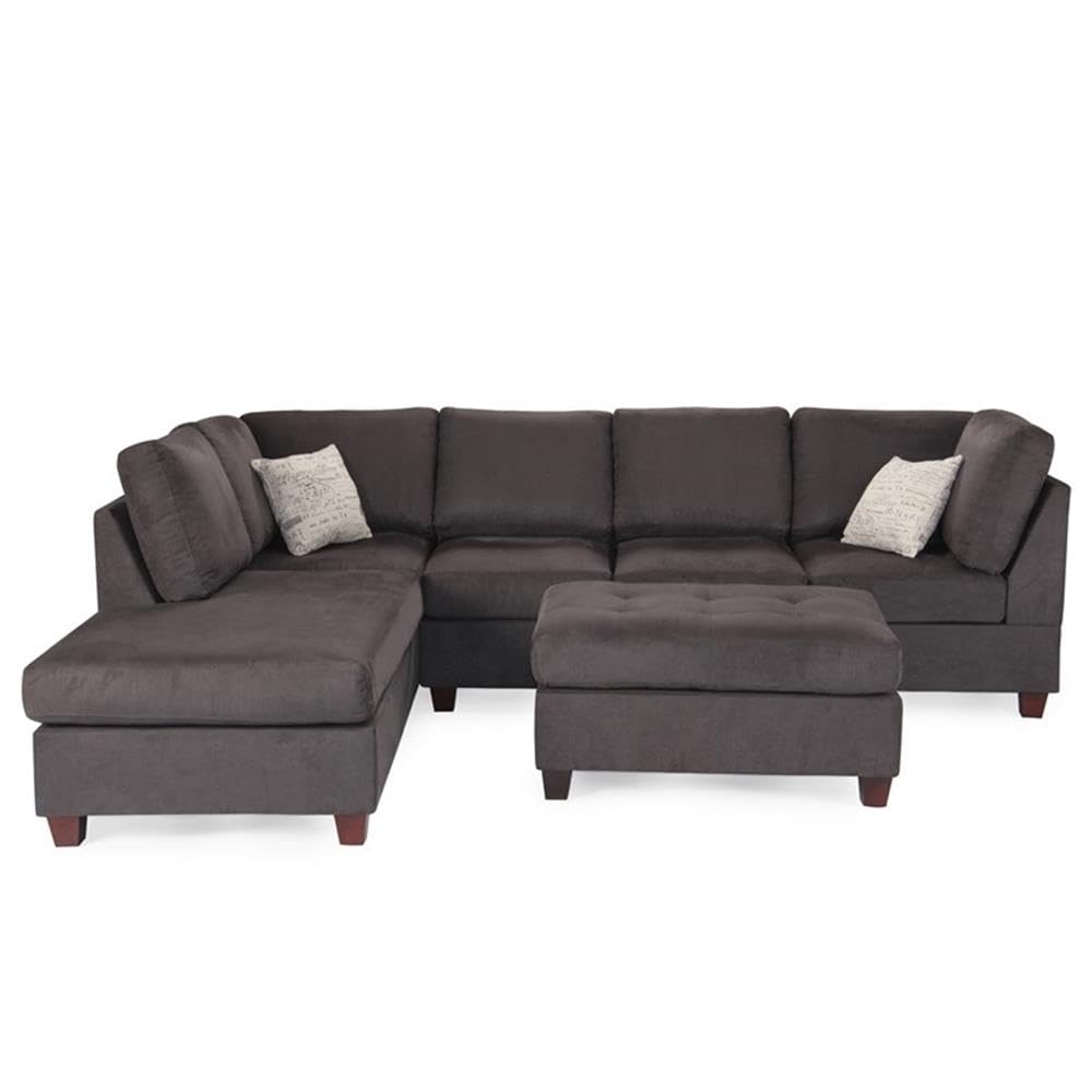 Poundex Ebony Sectional Sofa - Modern L-Shaped Couch for Living Room, Family Room & Home Theater