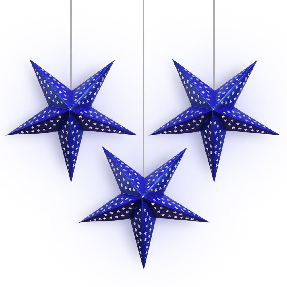 3 Pack Dark Blue Starry Night 24 LED Paper Star Lanterns - Hanging Party Decorations for Bedroom, Wedding, Christmas & Outdoor Garden Lighting