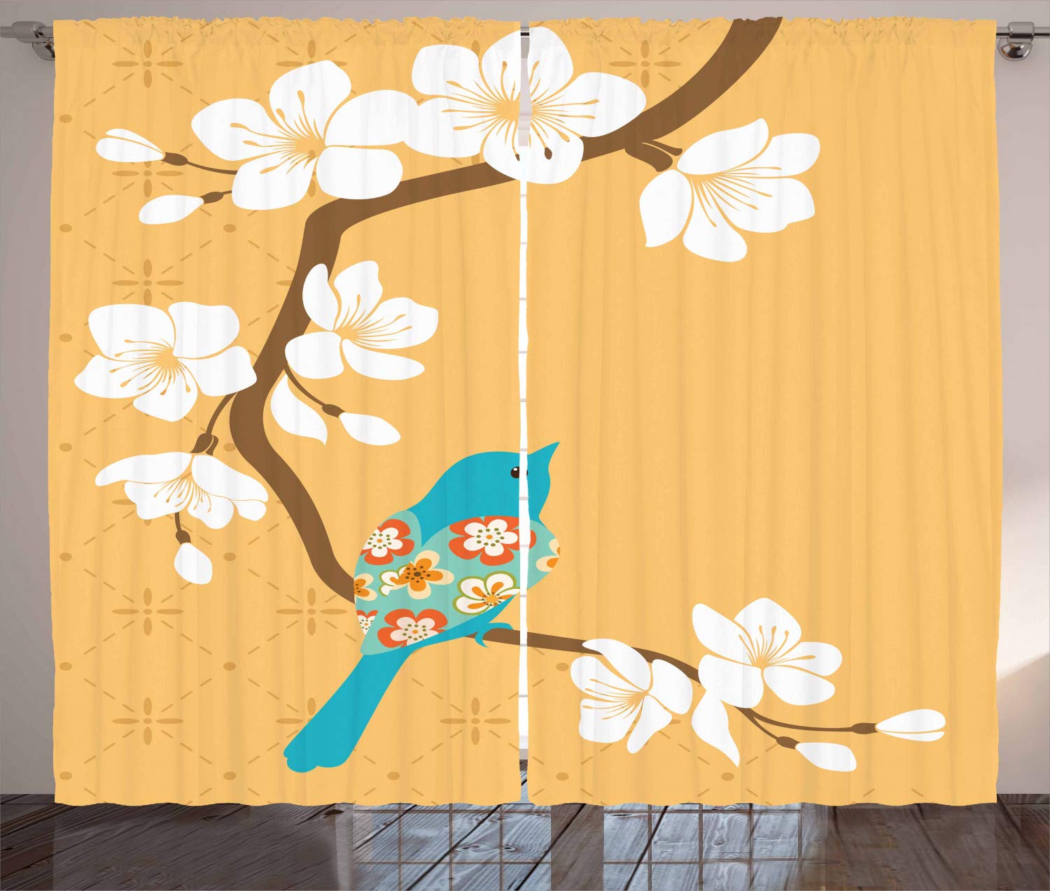 Ambesonne Birds Curtains - Floral Pattern Winged Sparrow on White Cherry Blossom Branch, Spring Nature Inspired Window Drapes, 2 Panel Set (108