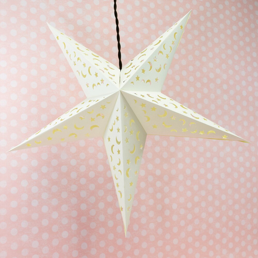 3 Pack White Moon and Stars 24 LED Paper Star Lanterns - Hanging Party Decorations for Bedroom, Wedding, Baby Shower & Outdoor Events
