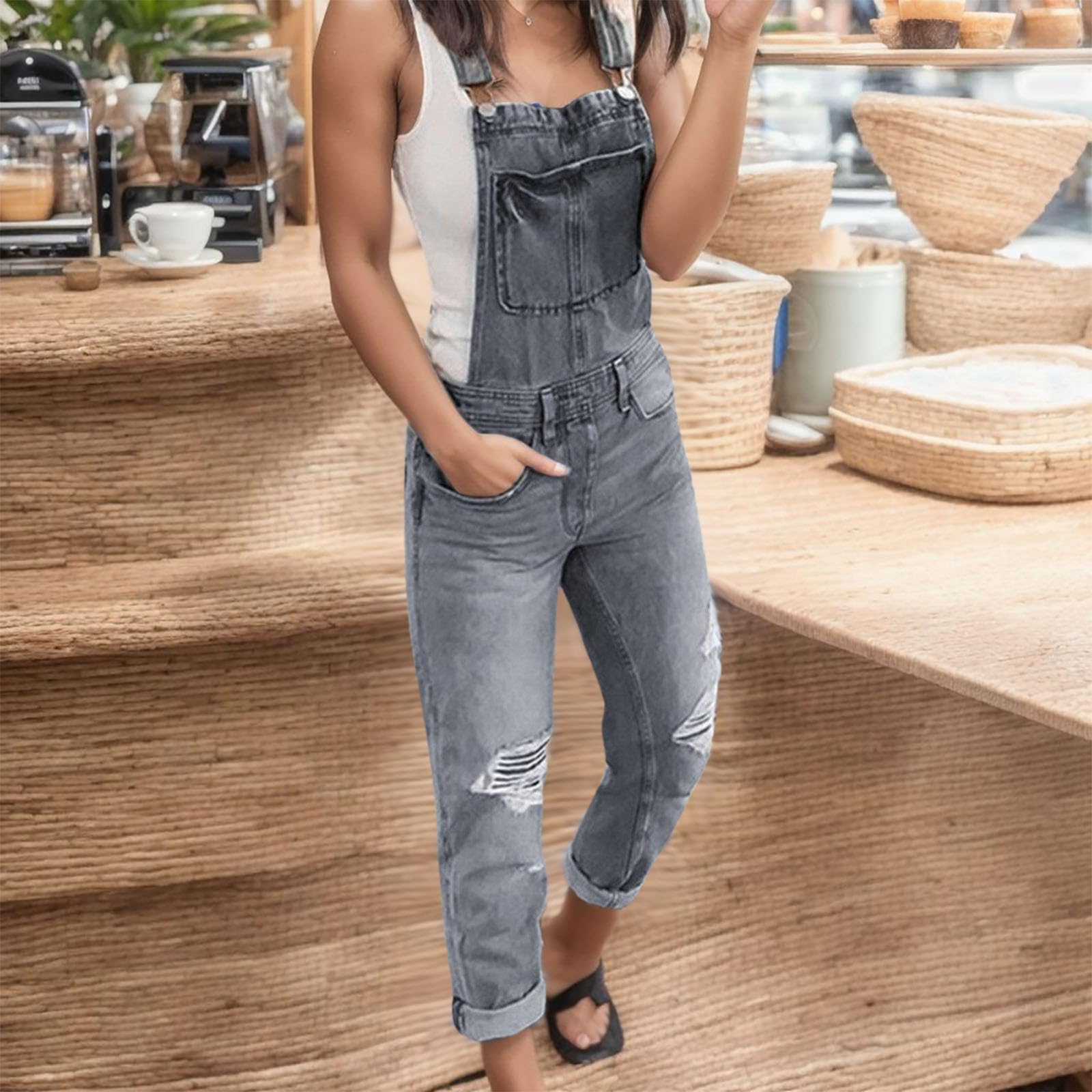 Women's Skinny Ripped Denim Jumpsuit Overalls - Adjustable Casual Bib Overalls Jeans Pants for Everyday Wear, Street Style & Fashion Outfits