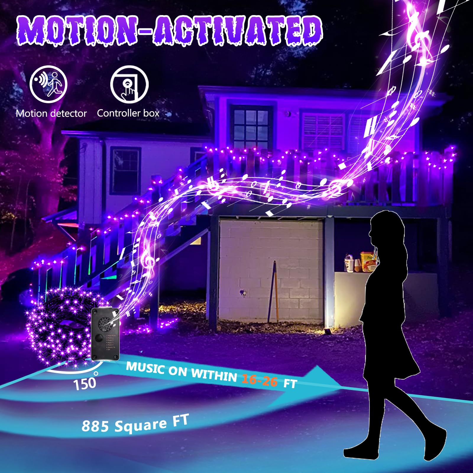 Vanthylit 82 FT 200 LED Halloween String Lights with Music & Motion Sensor - Waterproof Purple Outdoor Halloween Decorations for Yard, Party, and Porch